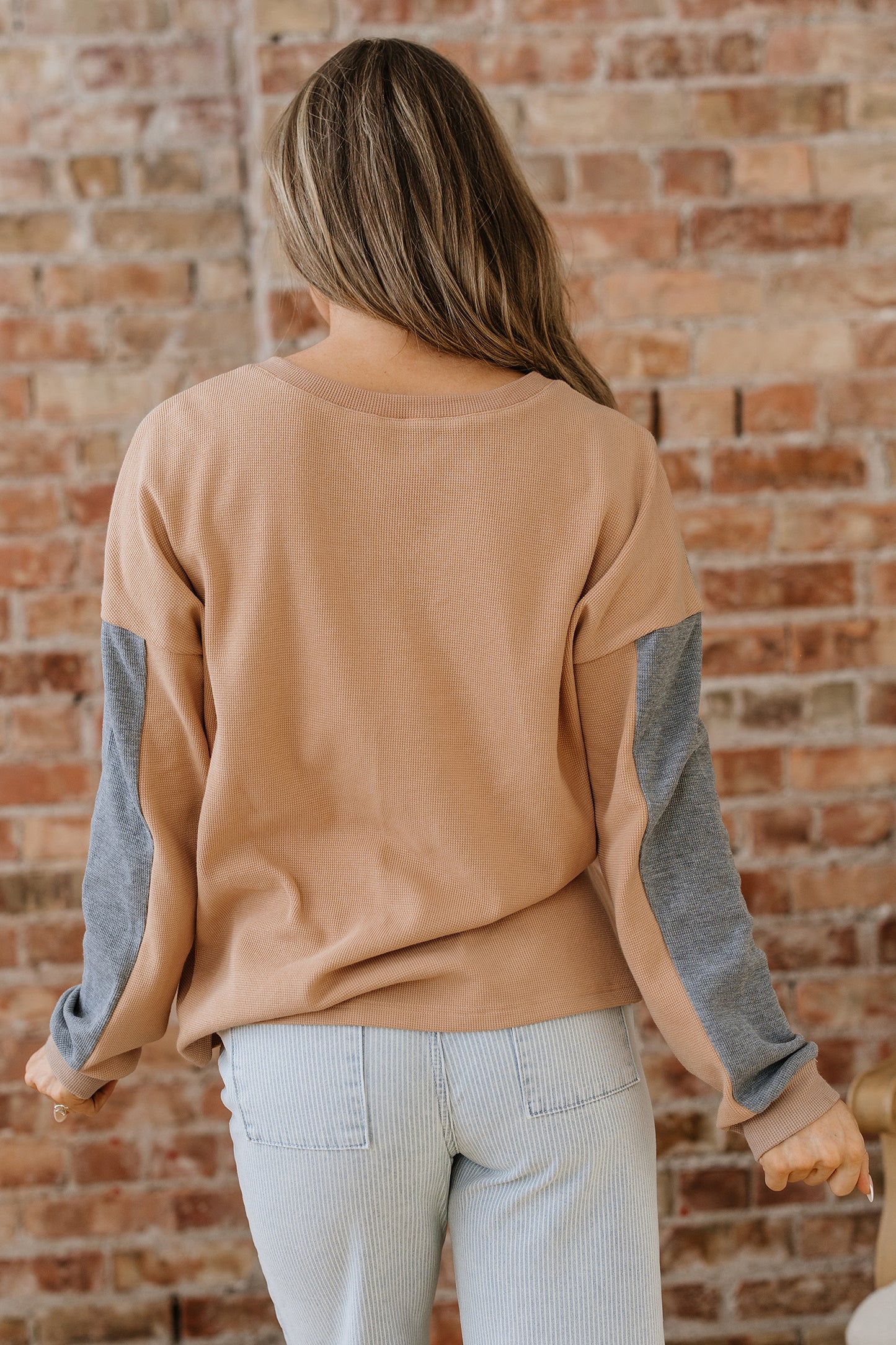 Buckskin Color Block Thermal Textured Knit Drop Shoulder Henley Top-Tops/Long Sleeve Tops-[Adult]-[Female]-2022 Online Blue Zone Planet