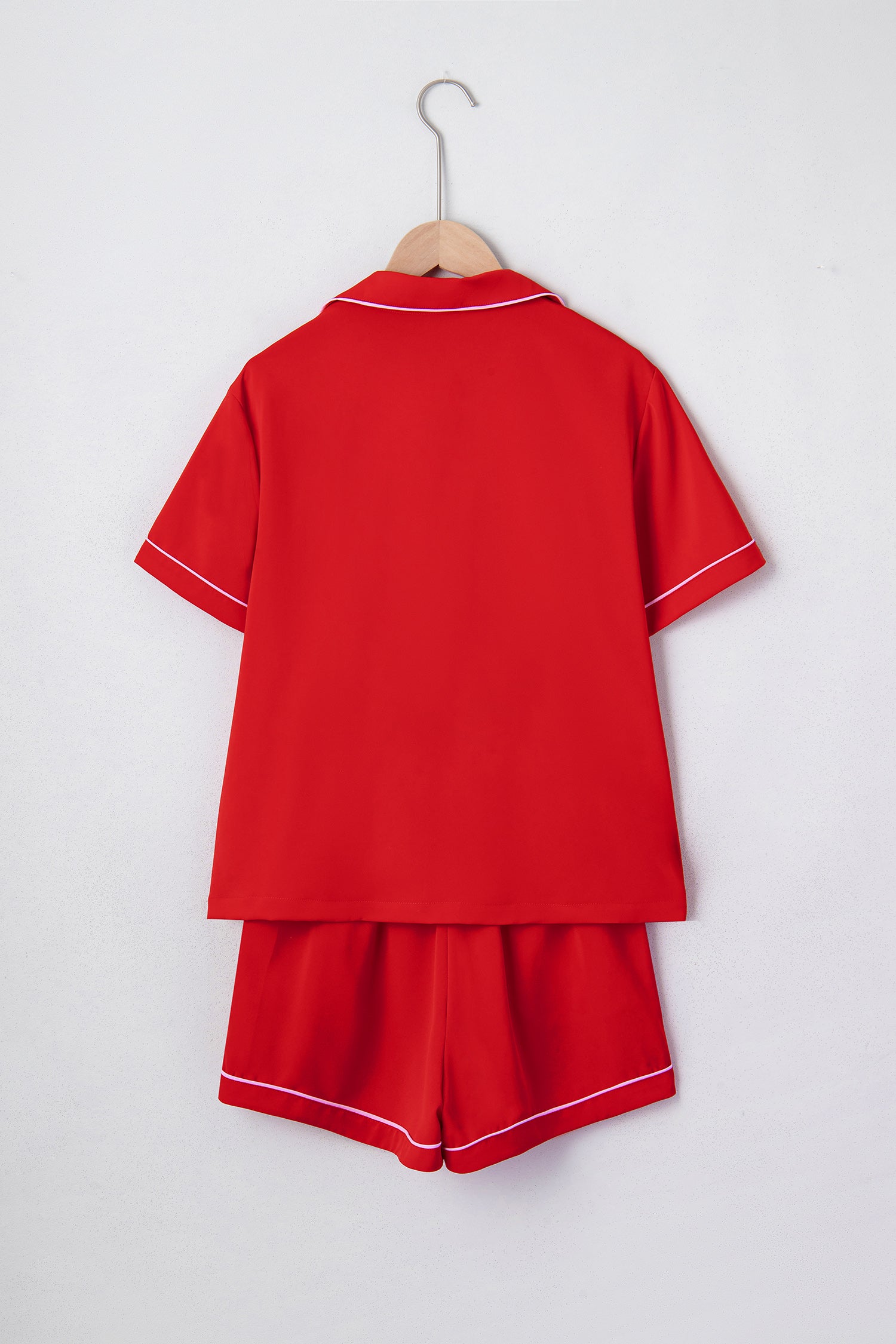 Fiery Red Contrast Trim Ribbon Bow Short Silky 2pcs Pajama Set-Loungewear & Sleepwear/Sleepwear-[Adult]-[Female]-2022 Online Blue Zone Planet