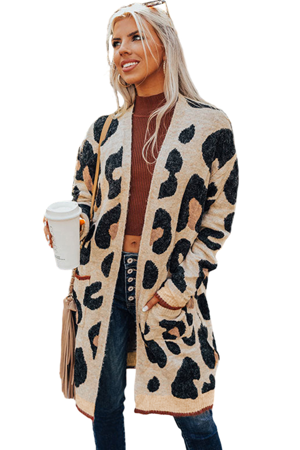 Blue Zone Planet | Leopard Print Open Front Pockets Midi Cardigan-Cardigans-[Adult]-[Female]-2022 Online Blue Zone Planet