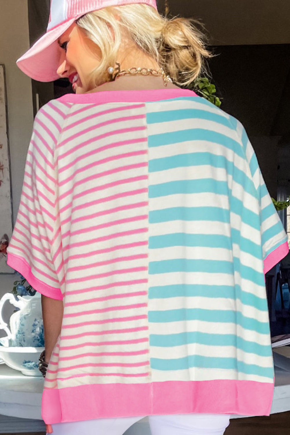 Blue Zone Planet | Pink Stripe Contrast Patchwork Oversized T Shirt-TOPS / DRESSES-[Adult]-[Female]-2022 Online Blue Zone Planet