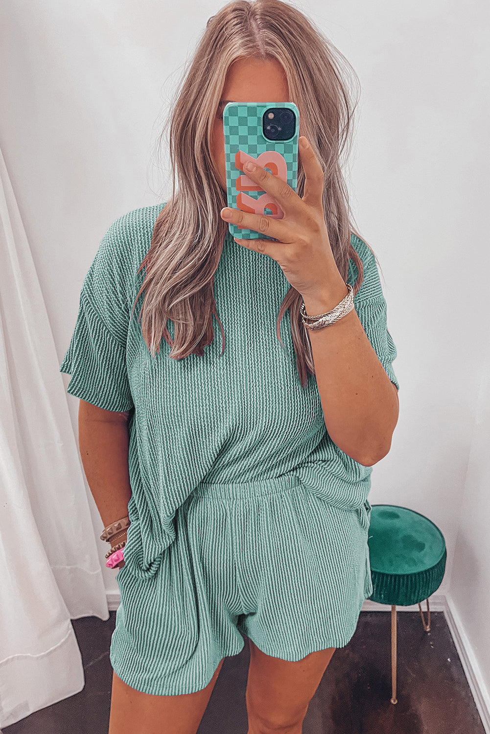 Carbon Grey Ribbed Textured Knit Loose Fit Tee and Shorts Set-Two Piece Sets/Short Sets-[Adult]-[Female]-2022 Online Blue Zone Planet