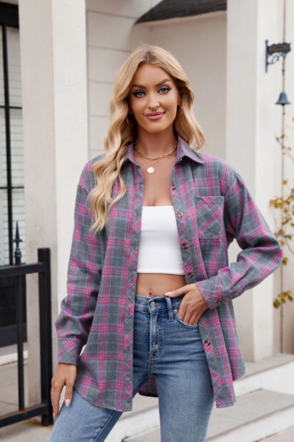 Blue Zone Planet | Pocketed Plaid Collared Neck Long Sleeve Shirt-TOPS / DRESSES-[Adult]-[Female]-2022 Online Blue Zone Planet