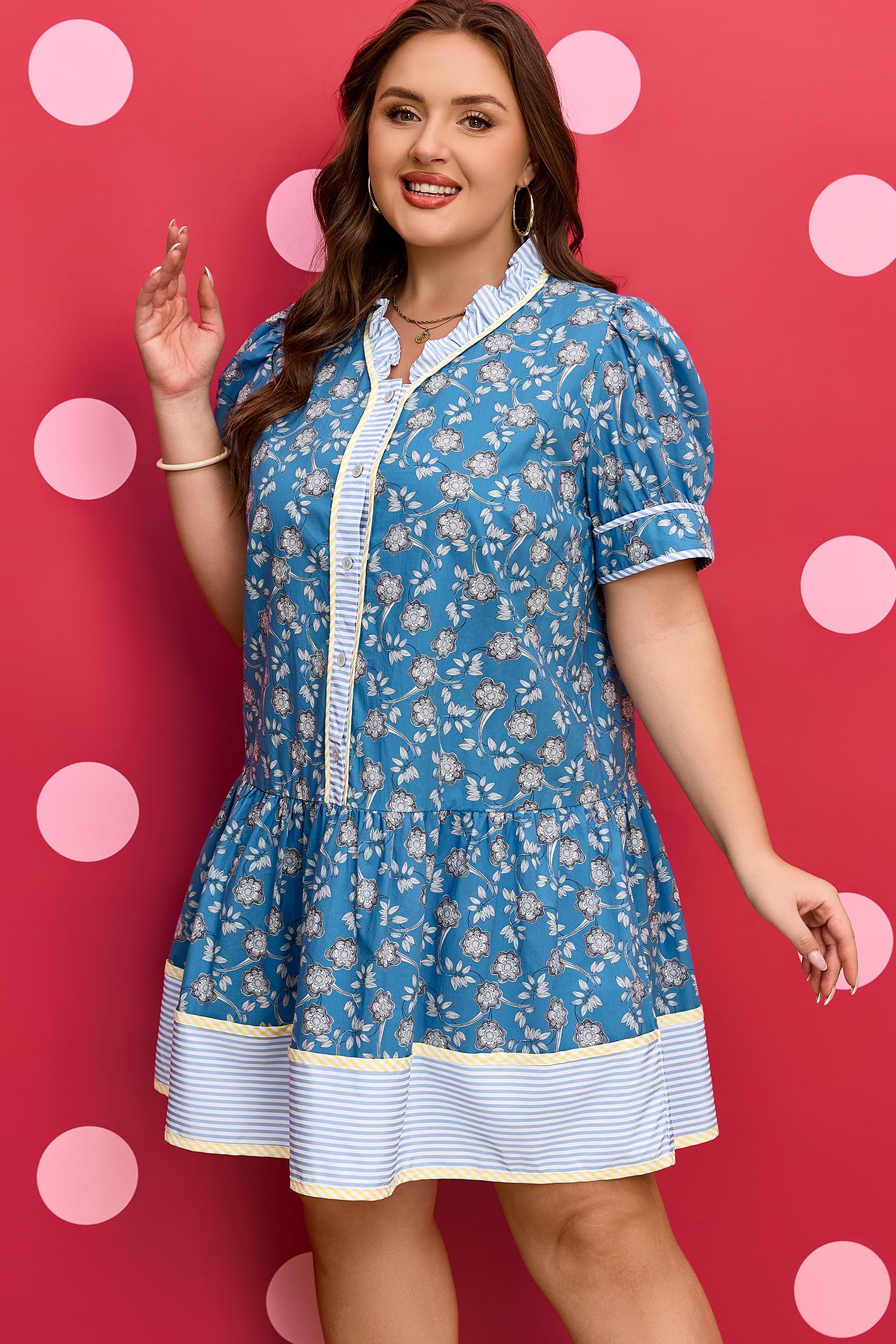 Blue Plus Size Floral Print Striped Patchwork Detail Button Front Ruffle Hem Dress-TOPS / DRESSES-[Adult]-[Female]-2022 Online Blue Zone Planet