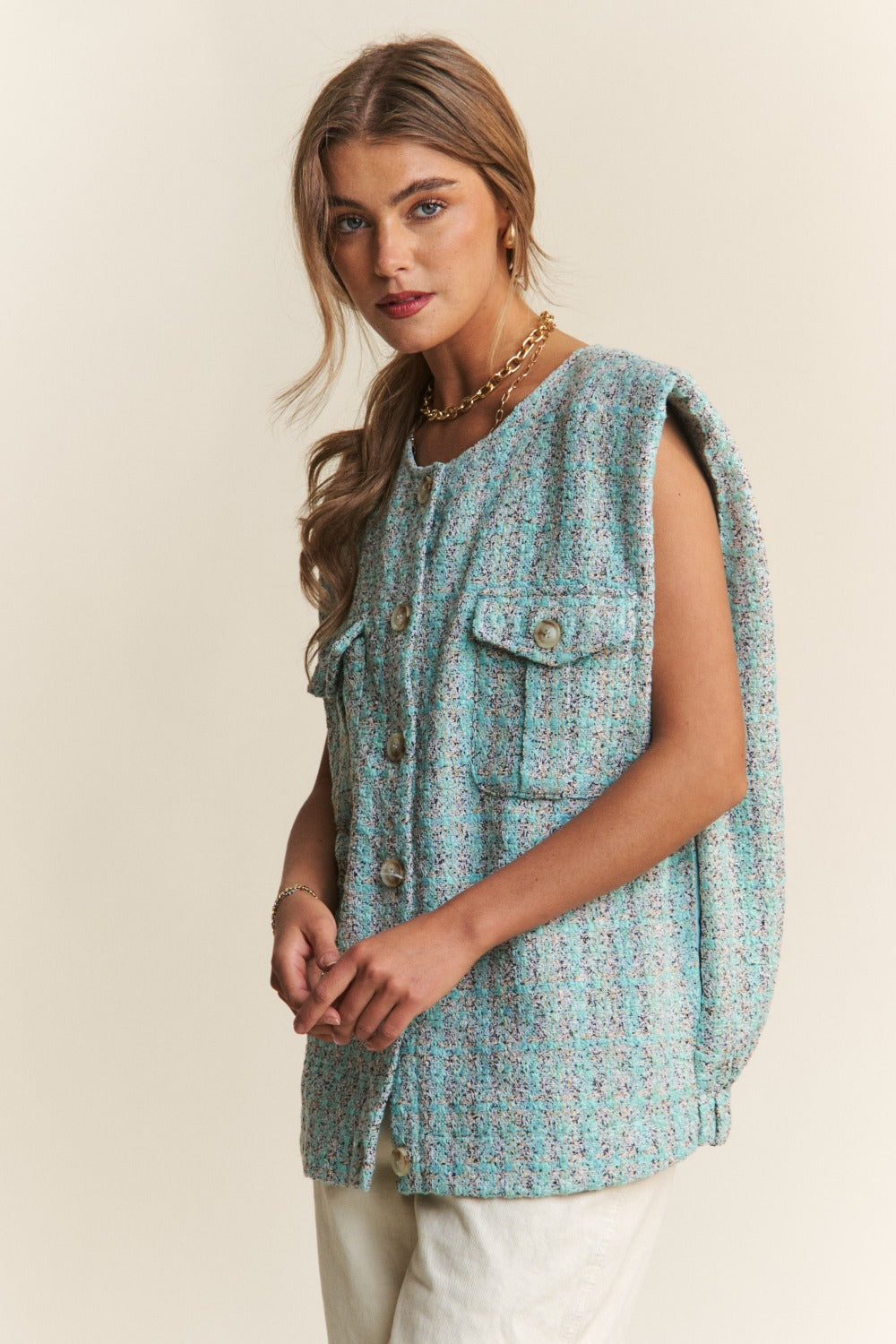 J.NNA Frayed Tweed Padded Shoulder Vest-TOPS / DRESSES-[Adult]-[Female]-2022 Online Blue Zone Planet