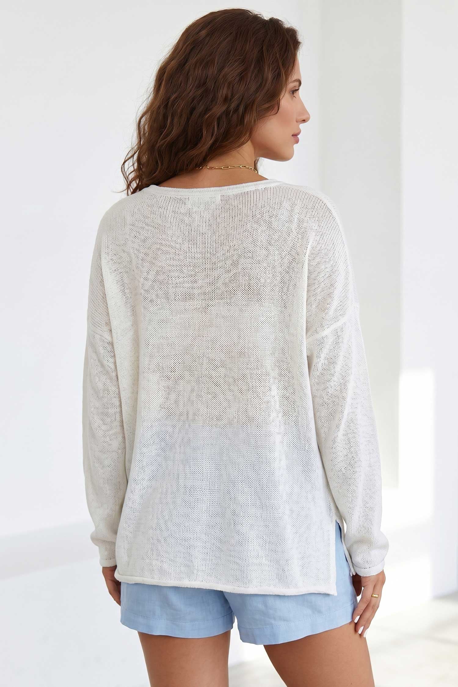 White V Neck Lightweight Knit BEACH SIDE Shift Tunic Sweater-Sweaters & Cardigans/Sweaters-[Adult]-[Female]-2022 Online Blue Zone Planet