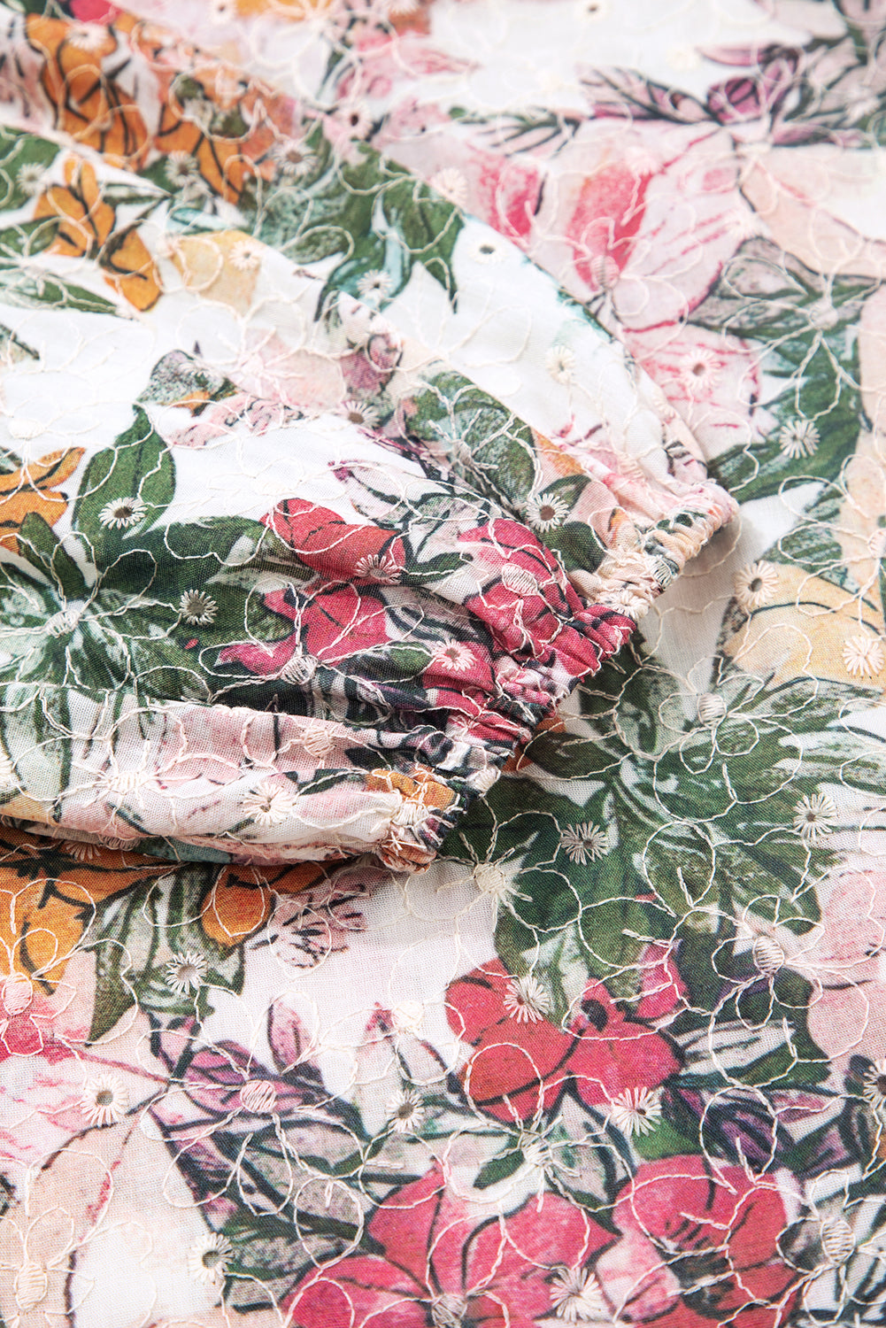 Pink Floral Print Lace Embroidery Tie Split Neck Long Sleeve Blouse-Tops/Blouses & Shirts-[Adult]-[Female]-2022 Online Blue Zone Planet