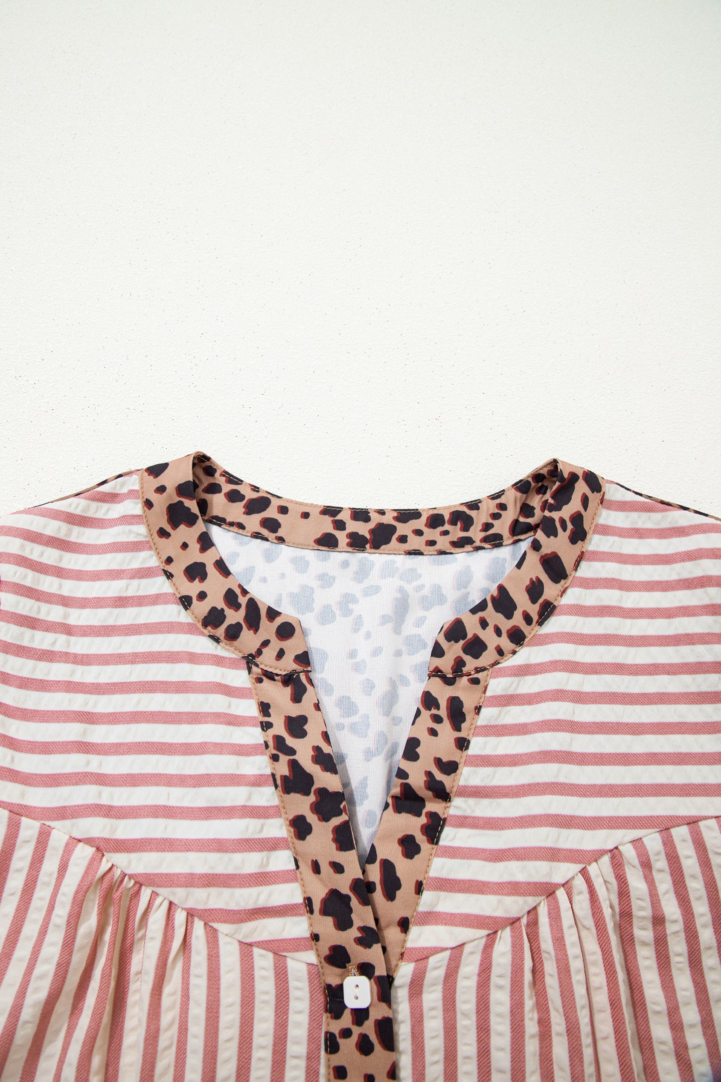 Pink Stripe Square Button Leopard Trim Loose Bracelet Sleeve Shirt Dress-Bracelet-[Adult]-[Female]-2022 Online Blue Zone Planet