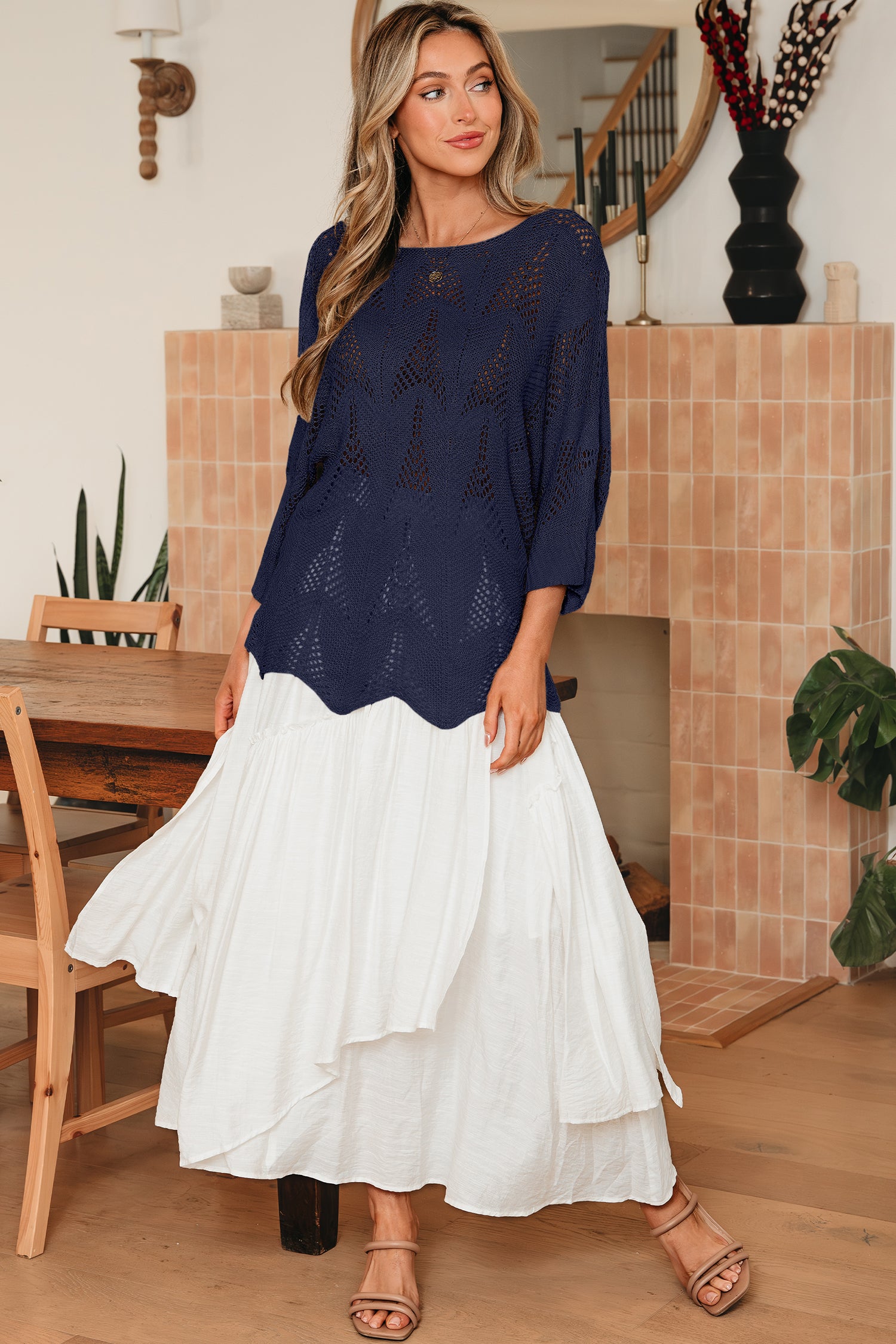 Navy Blue Hollow Out Knit 7/8 Sleeve Casual Sweater-Sweaters & Cardigans/Sweaters-[Adult]-[Female]-2022 Online Blue Zone Planet