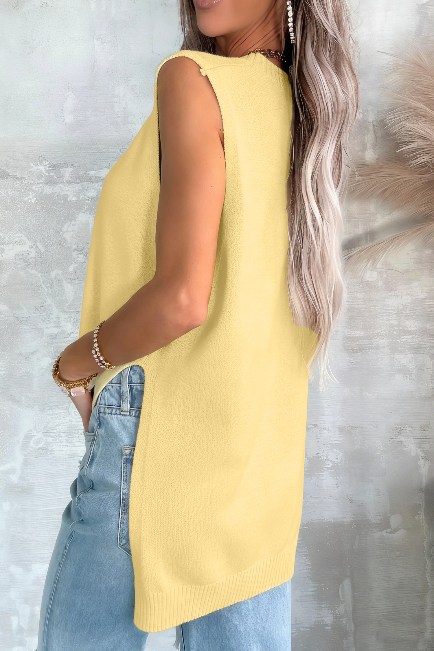 Yellow Cream Large Armhole Side Slit Loose Sweater Vest-TOPS / DRESSES-[Adult]-[Female]-2022 Online Blue Zone Planet