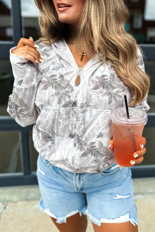 Gray Camo Leaf Print Kangaroo Pocket Quarter Zip Hoodie-Tops/Sweatshirts & Hoodies-[Adult]-[Female]-Gray-S-2022 Online Blue Zone Planet