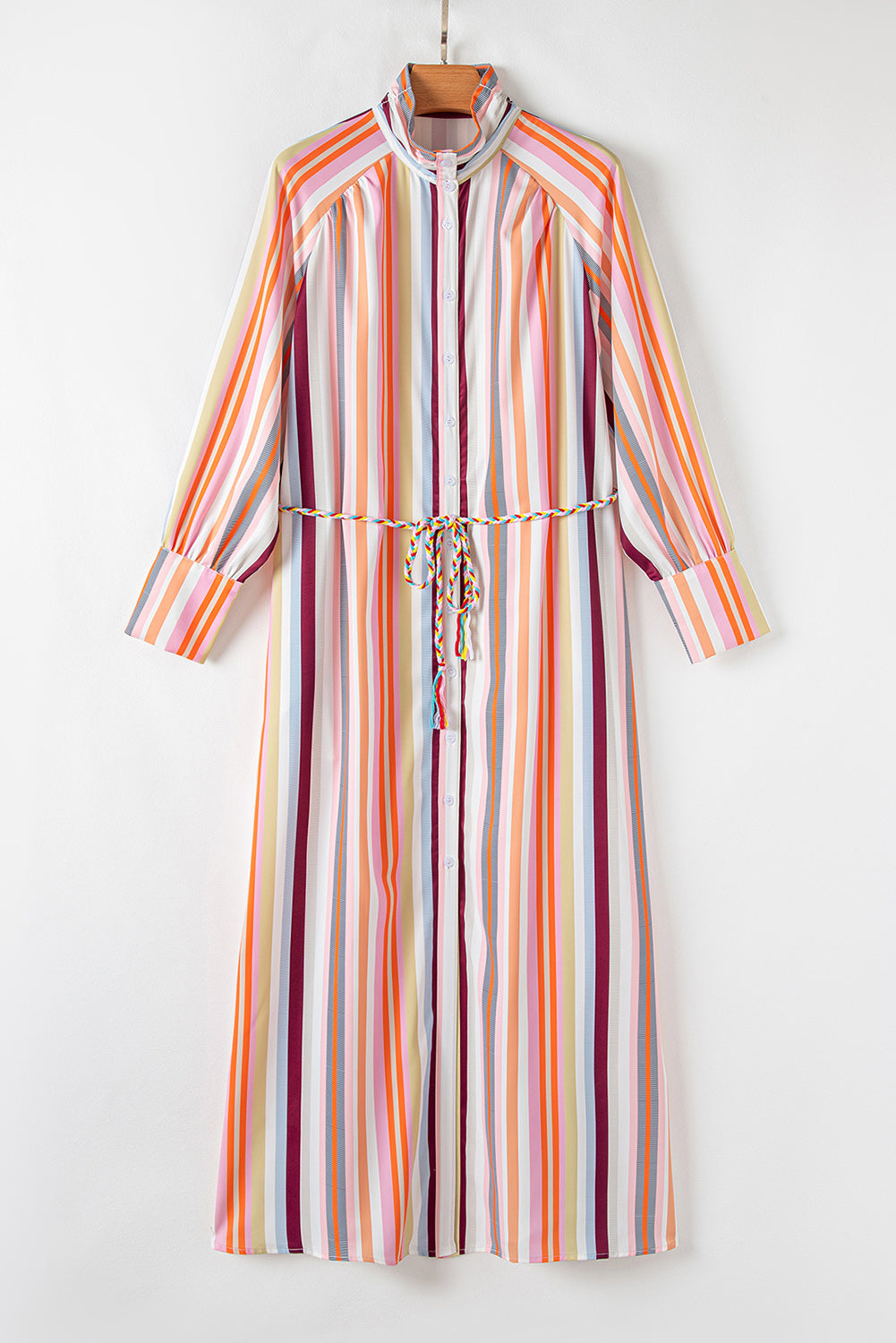 Blue Zone Planet | White Multicolor Striped Cuffed Sleeve Tassel Tied Shirt Maxi Dress-TOPS / DRESSES-[Adult]-[Female]-2022 Online Blue Zone Planet