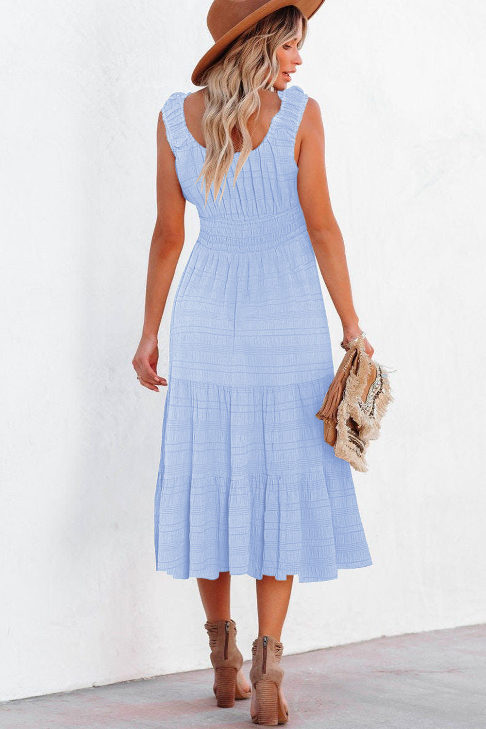 Sky Blue Shirred Pleated Square Neck Sleeveless Midi Dress-Dresses/Midi Dresses-[Adult]-[Female]-2022 Online Blue Zone Planet