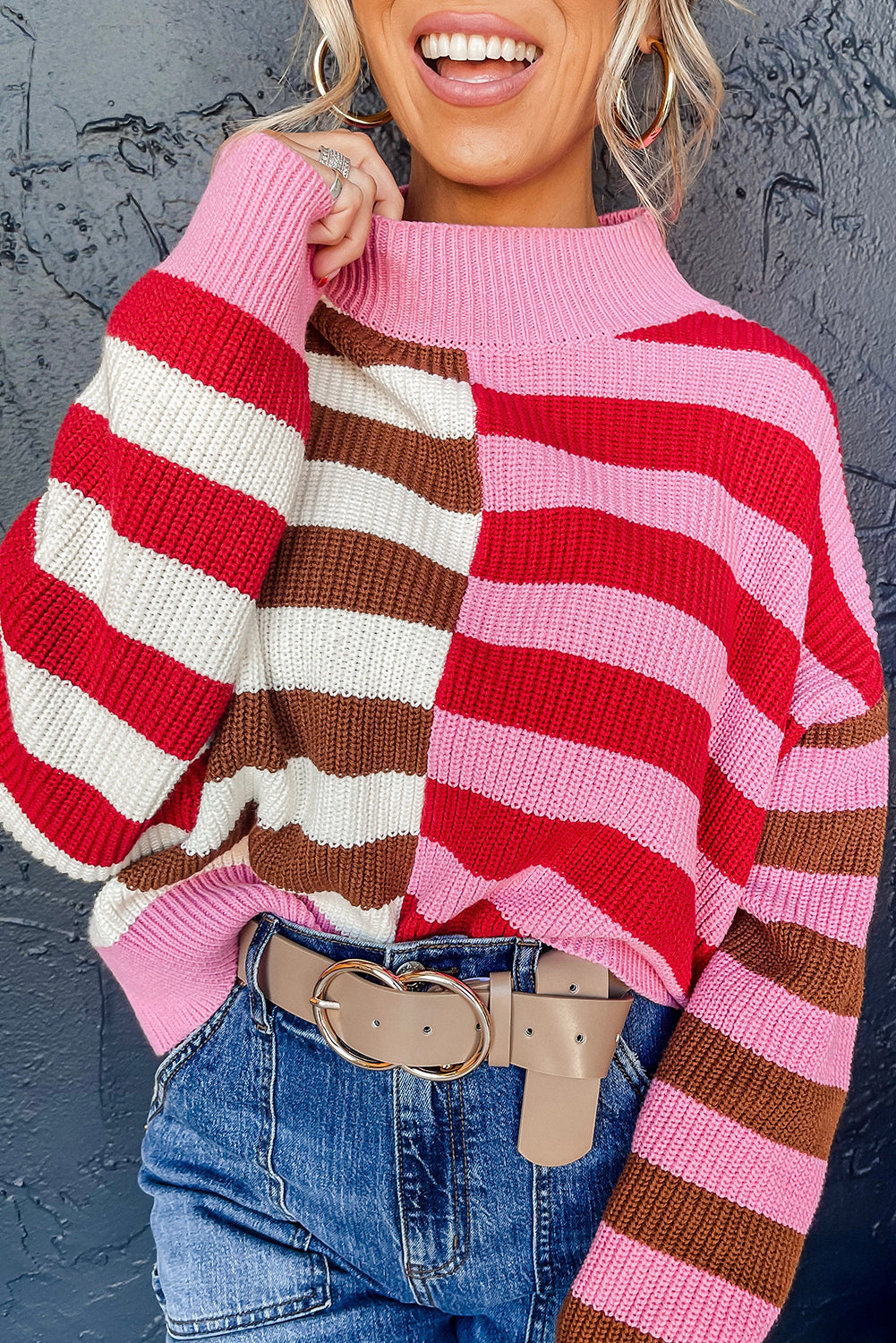 Blue Zone Planet | Pink Stripe Color Block High Neck Drop Shoulder Loose Sweater-Sweaters & Cardigans/Sweaters-[Adult]-[Female]-Pink Stripe-S-2022 Online Blue Zone Planet