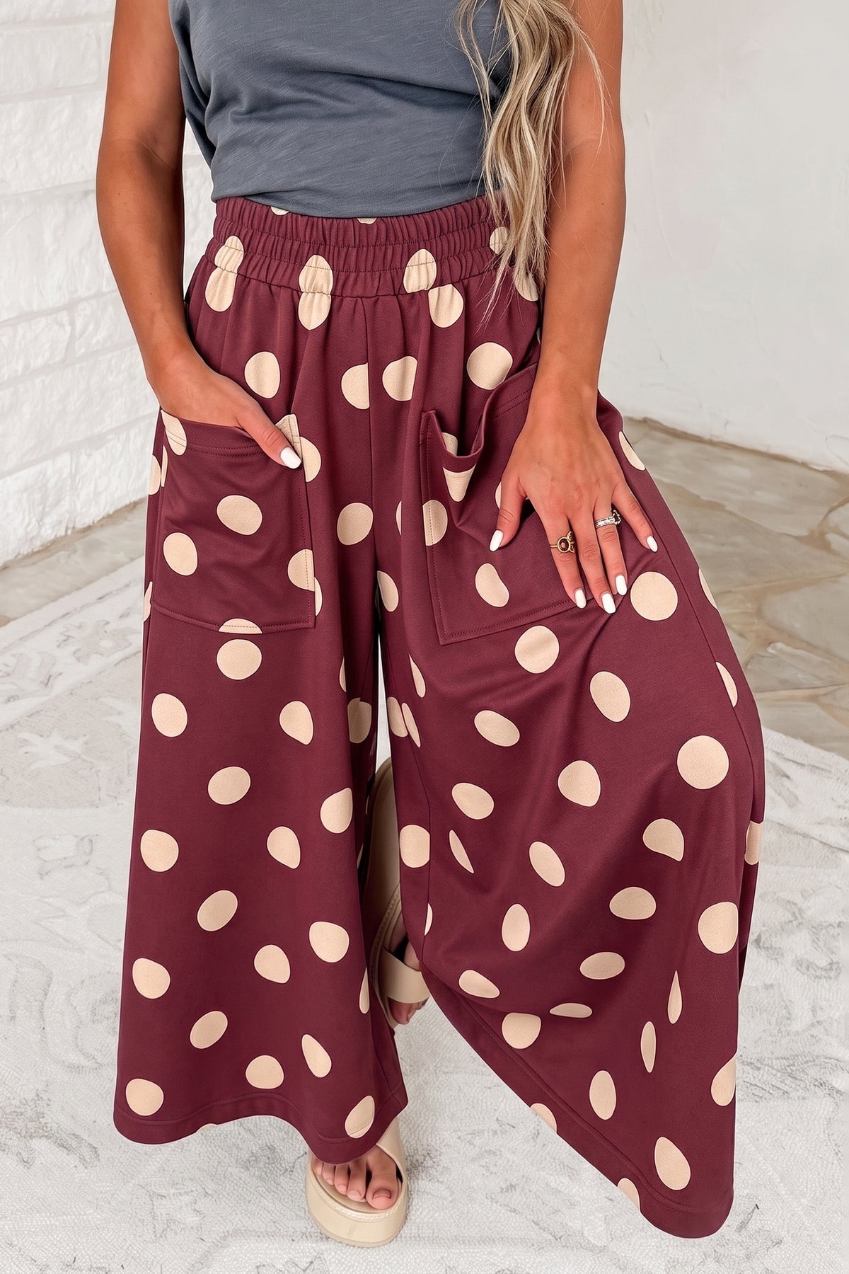 Sail Blue Polka Dot Wide Leg Elastic Waist Casual Pants-Bottoms/Pants & Culotte-[Adult]-[Female]-2022 Online Blue Zone Planet