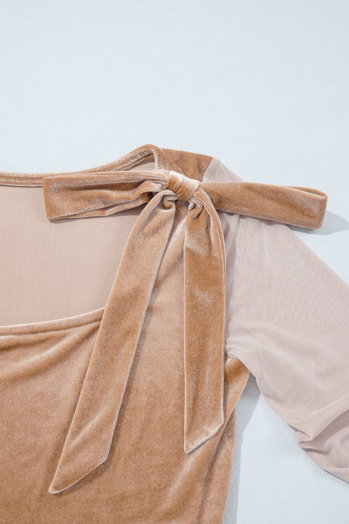 Light French Beige Solid Color Velvet Knot Square Neck Sheer Long Sleeve Bodysuit-Tops/Bodysuits-[Adult]-[Female]-2022 Online Blue Zone Planet