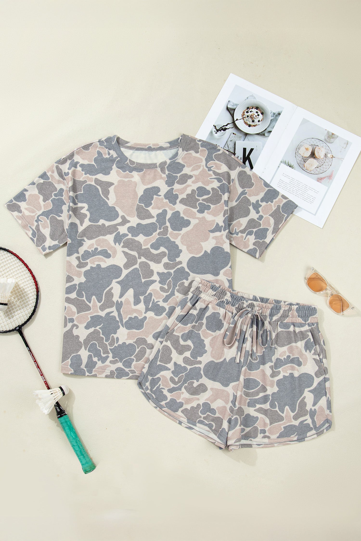 Multicolour Camouflage Loose Tee Drawstring Shorts 2pcs Outfit-Two Piece Sets/Short Sets-[Adult]-[Female]-2022 Online Blue Zone Planet