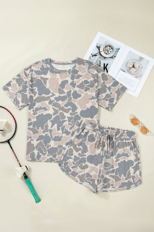 Multicolour Camouflage Loose Tee Drawstring Shorts 2pcs Outfit-Two Piece Sets/Short Sets-[Adult]-[Female]-2022 Online Blue Zone Planet