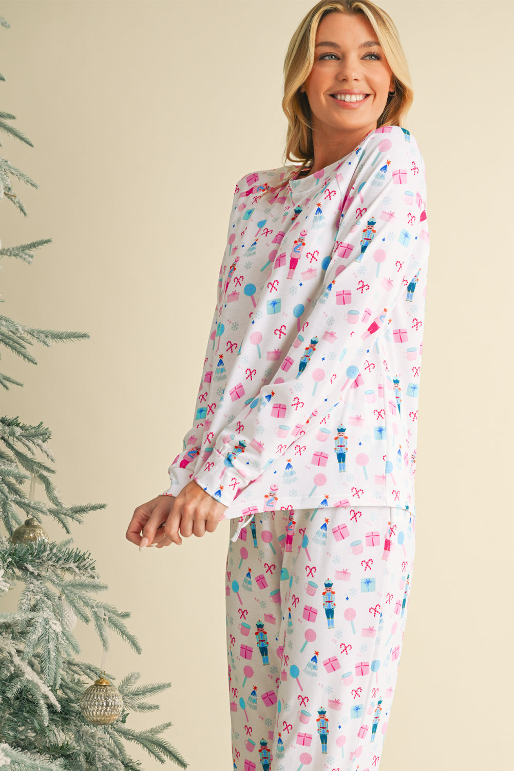 White Christmas Nutcracker Top and Wide Leg Pants Pajama Set-Loungewear Set-[Adult]-[Female]-2022 Online Blue Zone Planet