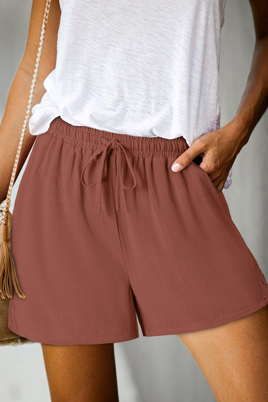 Chestnut Lace Splicing Drawstring Elastic Waist Loose Linen Shorts-Bottoms/Casual Shorts-[Adult]-[Female]-Chestnut-S-2022 Online Blue Zone Planet