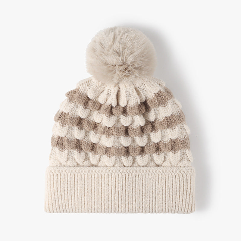 Striped Contrast Knit Hat with Pom-pom-HATS-[Adult]-[Female]-Beige-One Size-2022 Online Blue Zone Planet