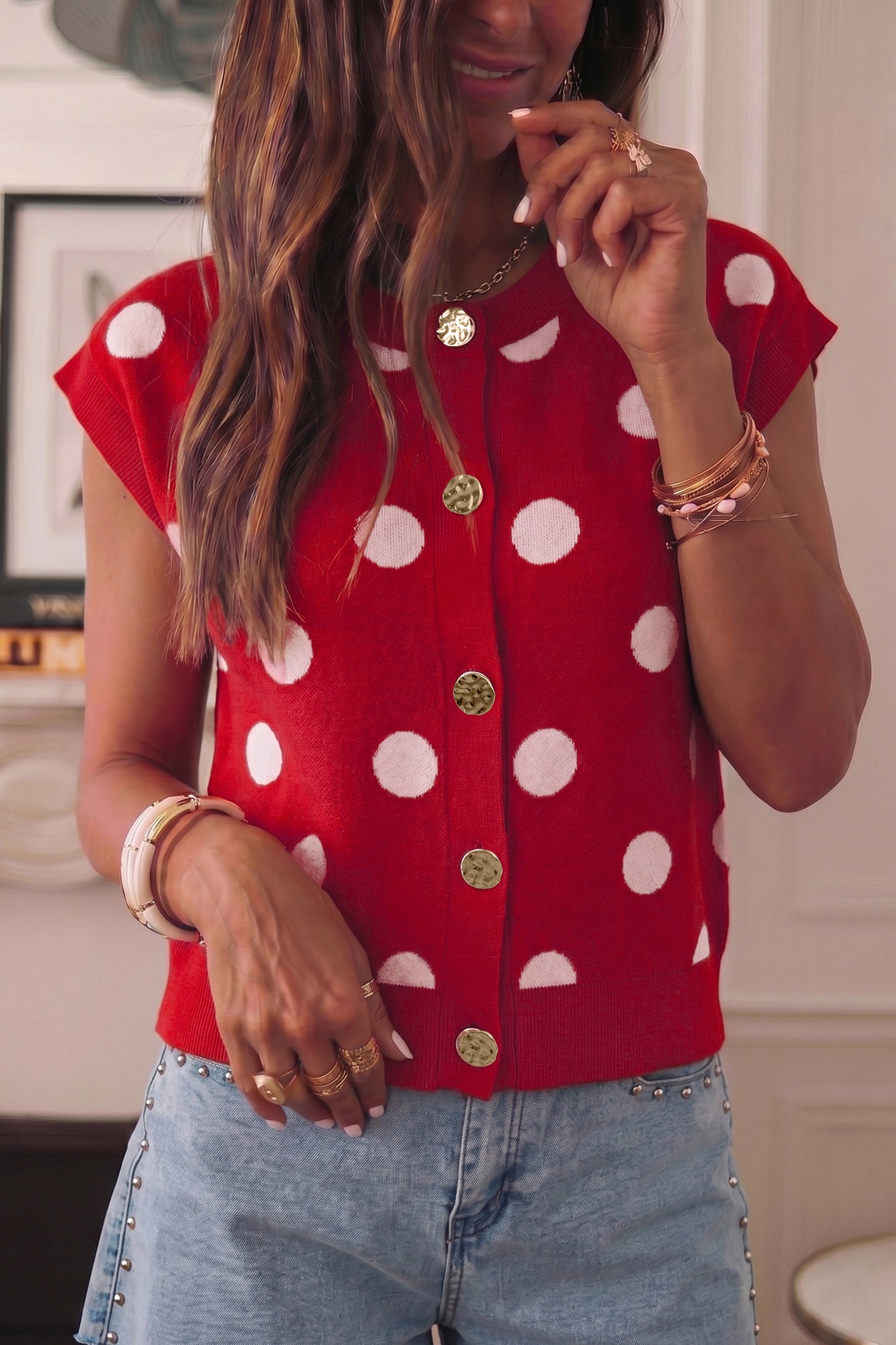 Red Relaxed Polka Dot Print Decorated Button Sweater Vest-TOPS / DRESSES-[Adult]-[Female]-2022 Online Blue Zone Planet