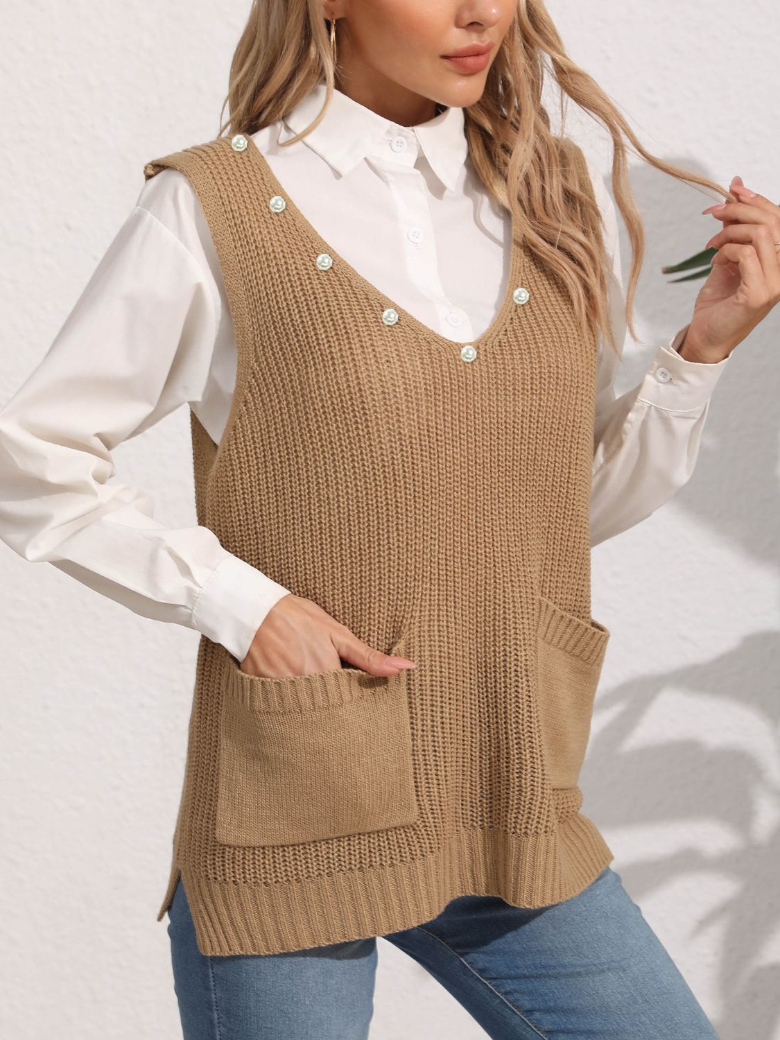 Slit V-Neck Sweater Vest-TOPS / DRESSES-[Adult]-[Female]-2022 Online Blue Zone Planet