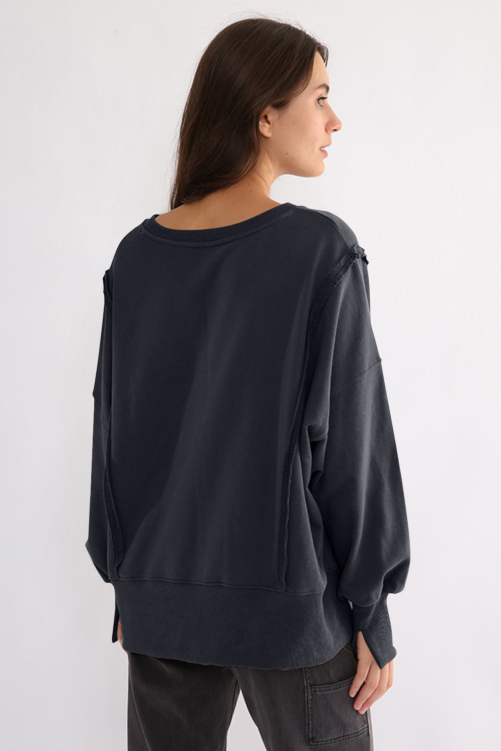 Exposed Seam High-Low Long Sleeve Sweatshirt-TOPS / DRESSES-[Adult]-[Female]-2022 Online Blue Zone Planet