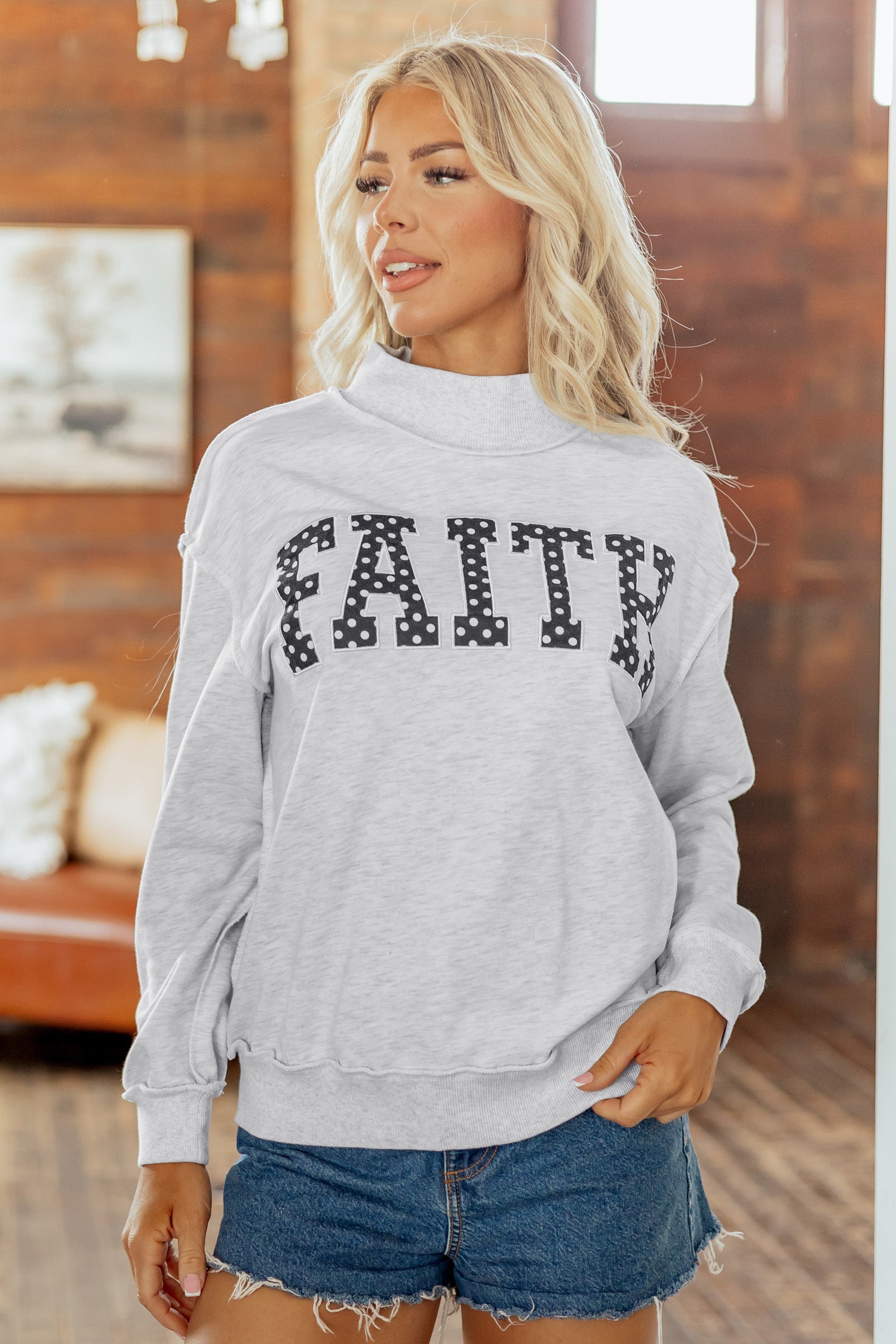 Light Grey High Neck Polka Dot Slogan Printed Baggy Sweatshirt-Tops/Sweatshirts & Hoodies-[Adult]-[Female]-2022 Online Blue Zone Planet