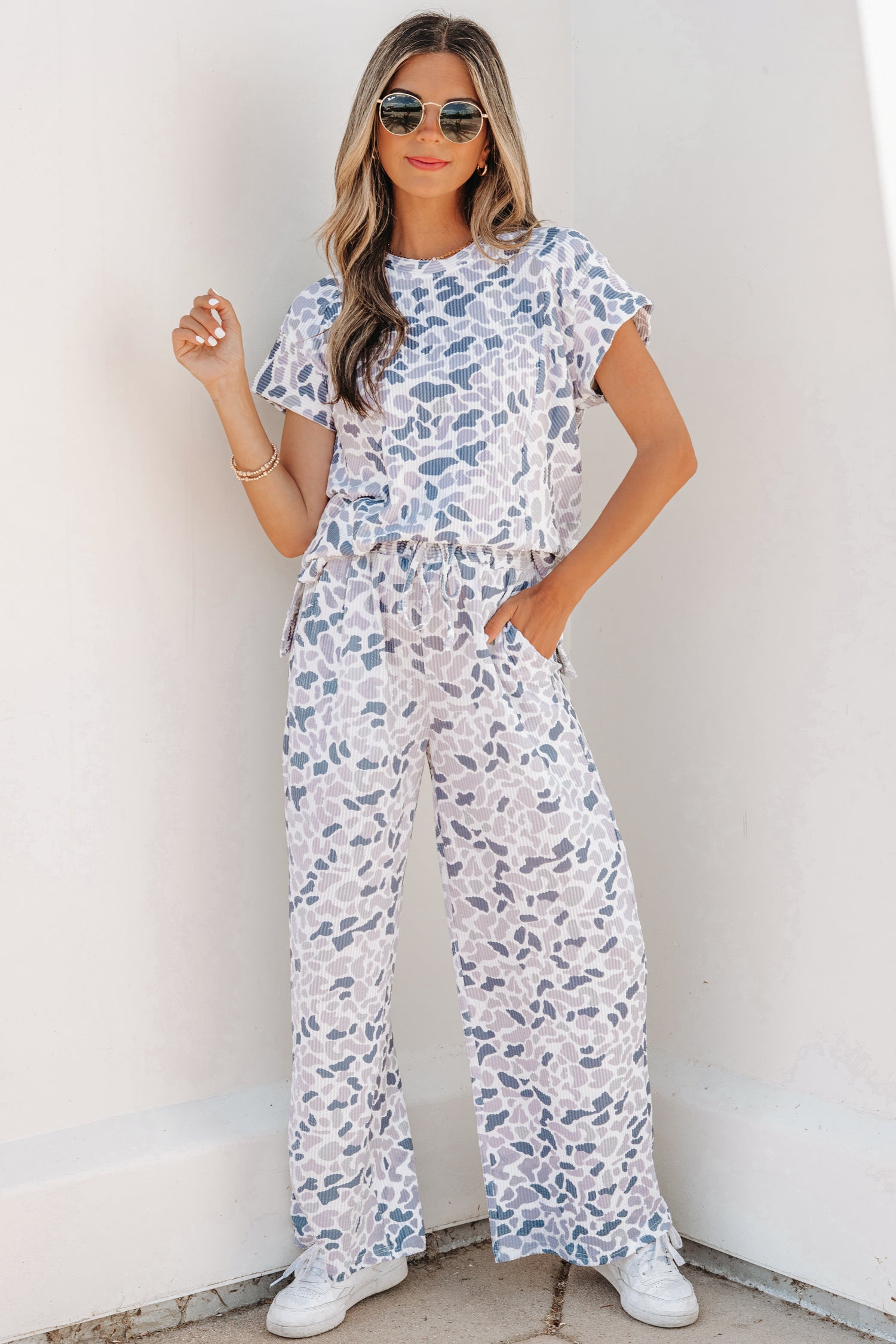 Beige Camouflage Print Twisted Rib Loose Tee Drawstring Pants Set-Two Piece Sets/Pant Sets-[Adult]-[Female]-2022 Online Blue Zone Planet