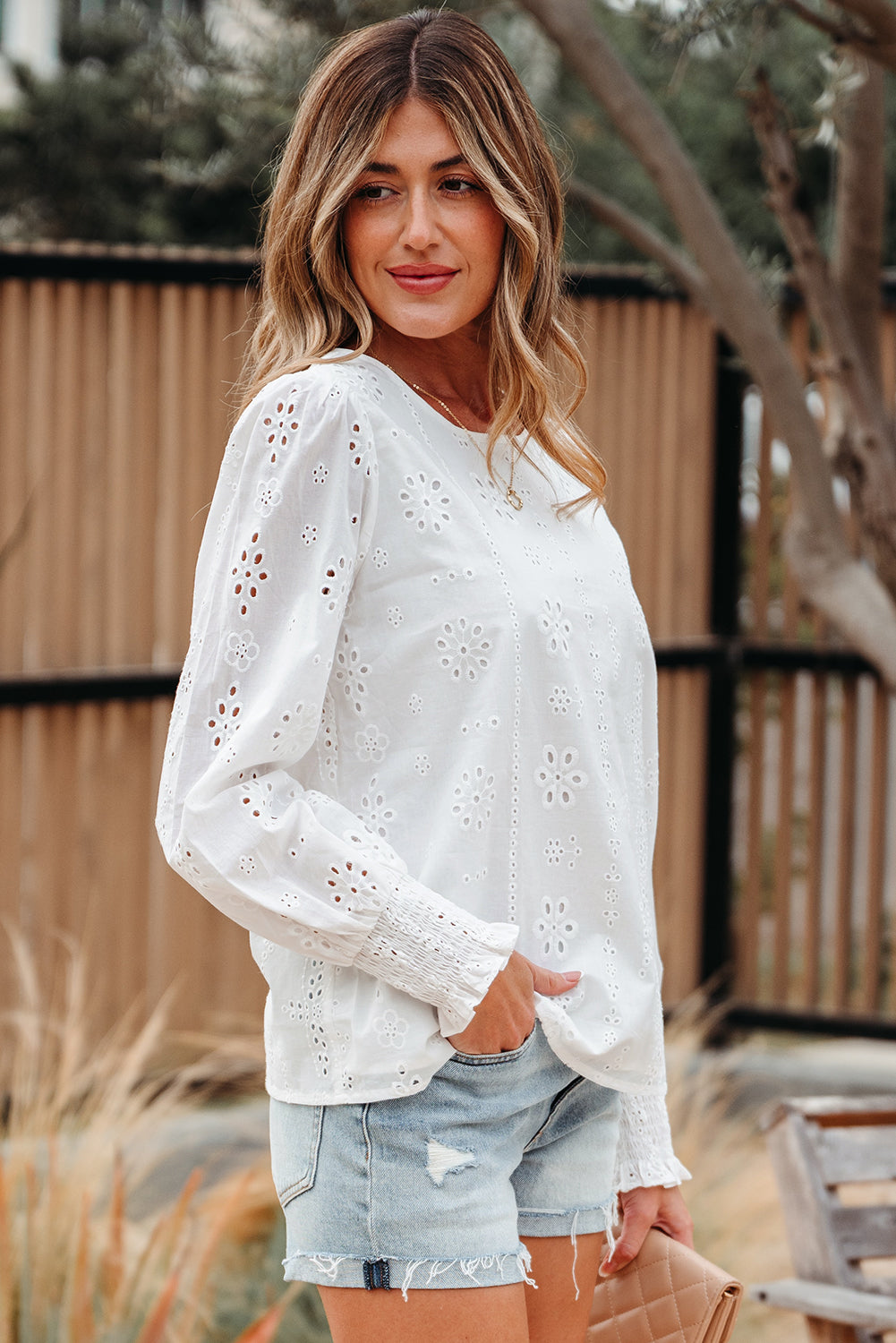 White Eyelet Embroidered Smocked Cuff Sheer Blouse-Tops/Blouses & Shirts-[Adult]-[Female]-2022 Online Blue Zone Planet