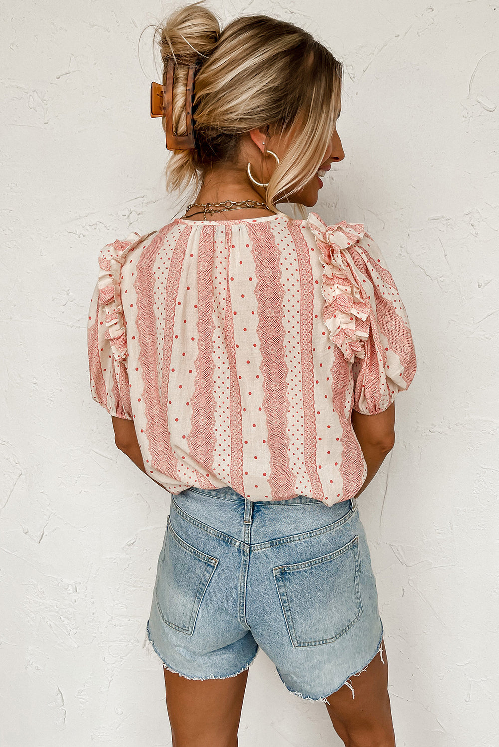 Red Frilled Short Puff Sleeve Mixed Print Blouse-Sale (50% OFF)/30% OFF-[Adult]-[Female]-2022 Online Blue Zone Planet