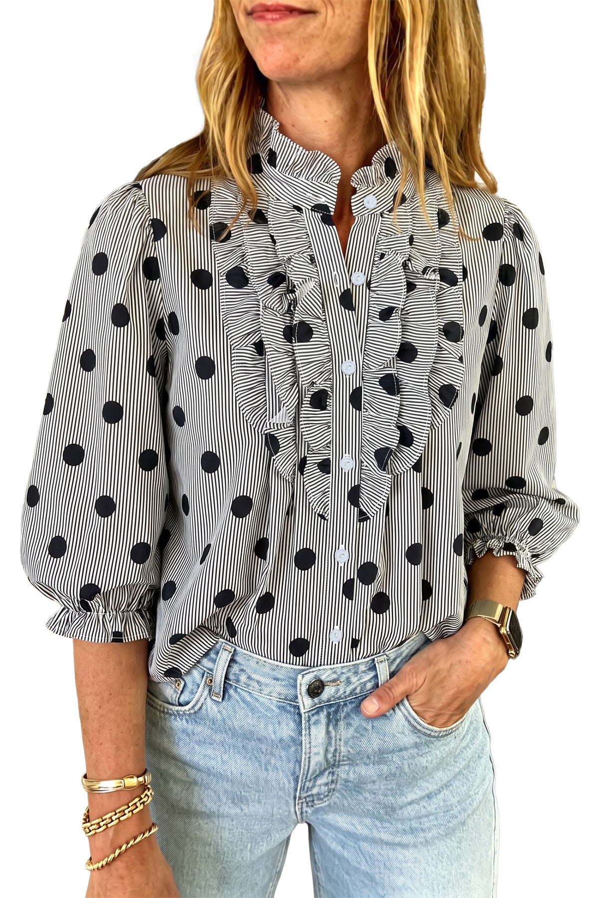 Black white Polka Dot Striped Print Ruffle Stand Neck 3/4 Sleeve Shift Shirt-Tops/Blouses & Shirts-[Adult]-[Female]-2022 Online Blue Zone Planet