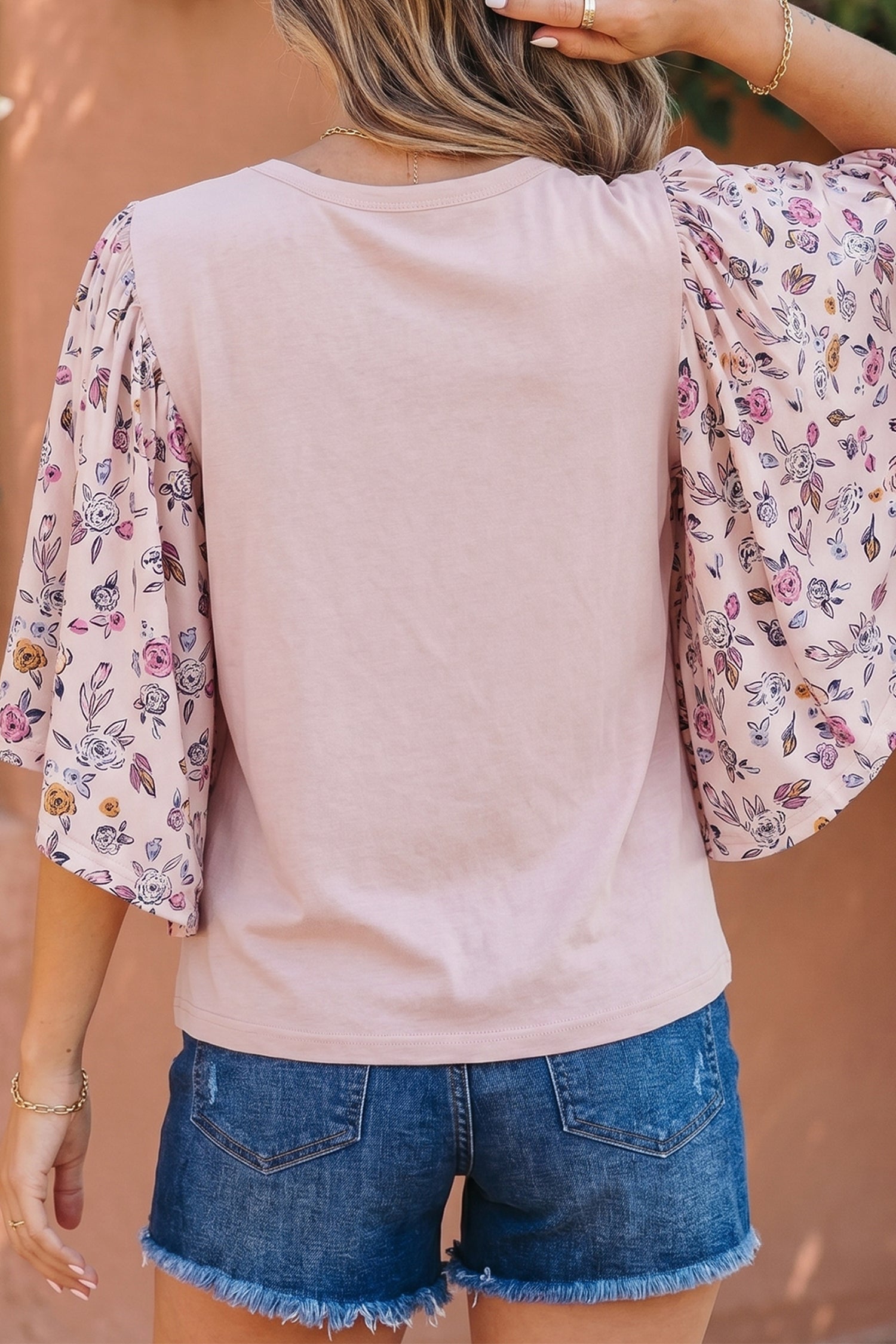 Pink Contrast Floral Patched Flowy Half Sleeve Blouse-Tops/Blouses & Shirts-[Adult]-[Female]-2022 Online Blue Zone Planet