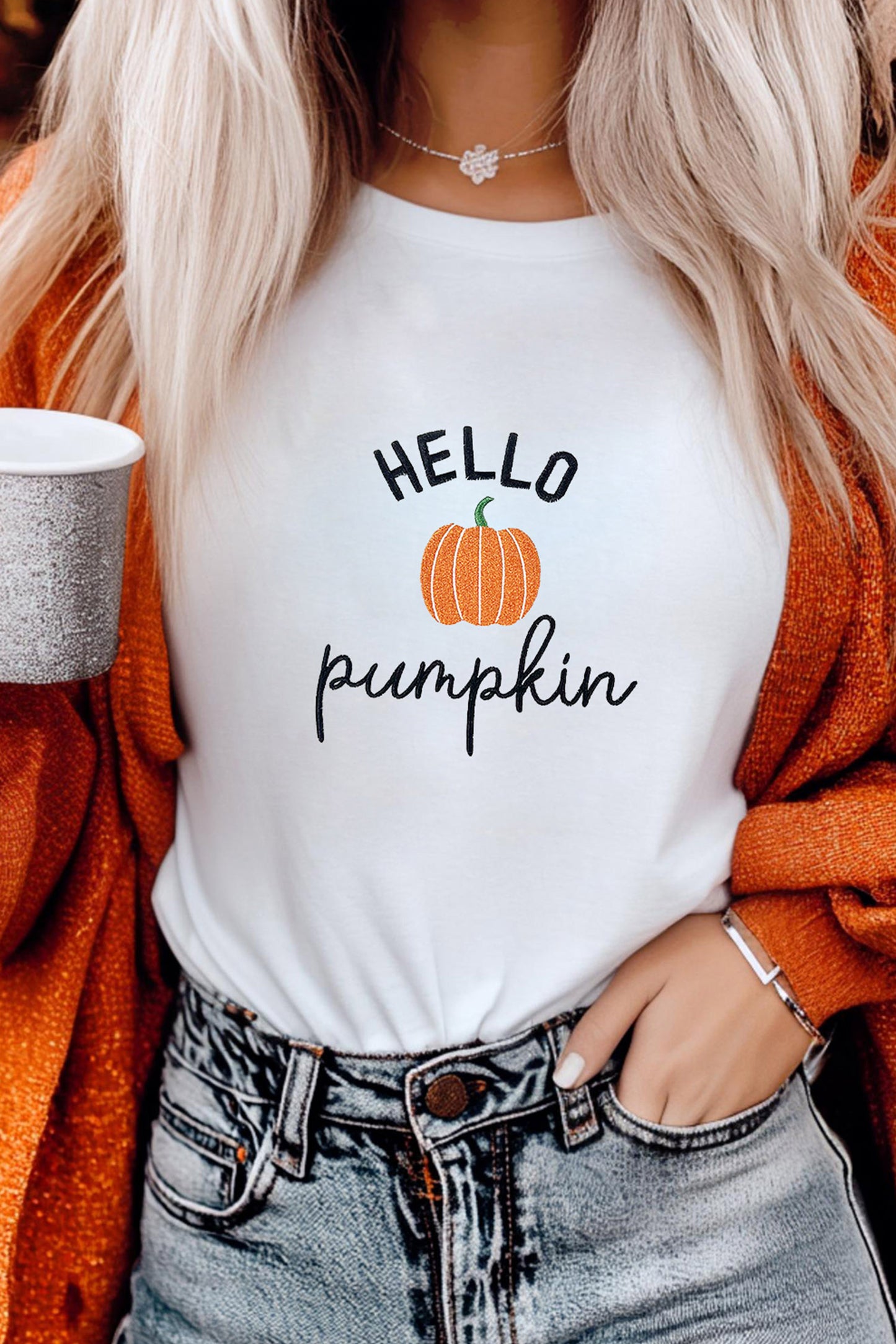 White Embroidered Pumpkin Slogan Short Sleeve T-Shirt-Graphic/Graphic Tees-[Adult]-[Female]-2022 Online Blue Zone Planet