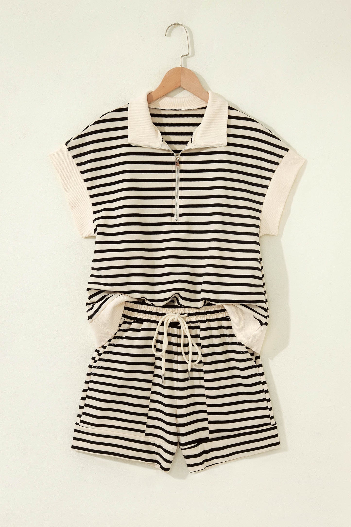 Black Stripe Ribbed Color Block Trim Zip Polo Tee Drawstring Shorts 2pcs Outfit-Two Piece Sets/Short Sets-[Adult]-[Female]-2022 Online Blue Zone Planet