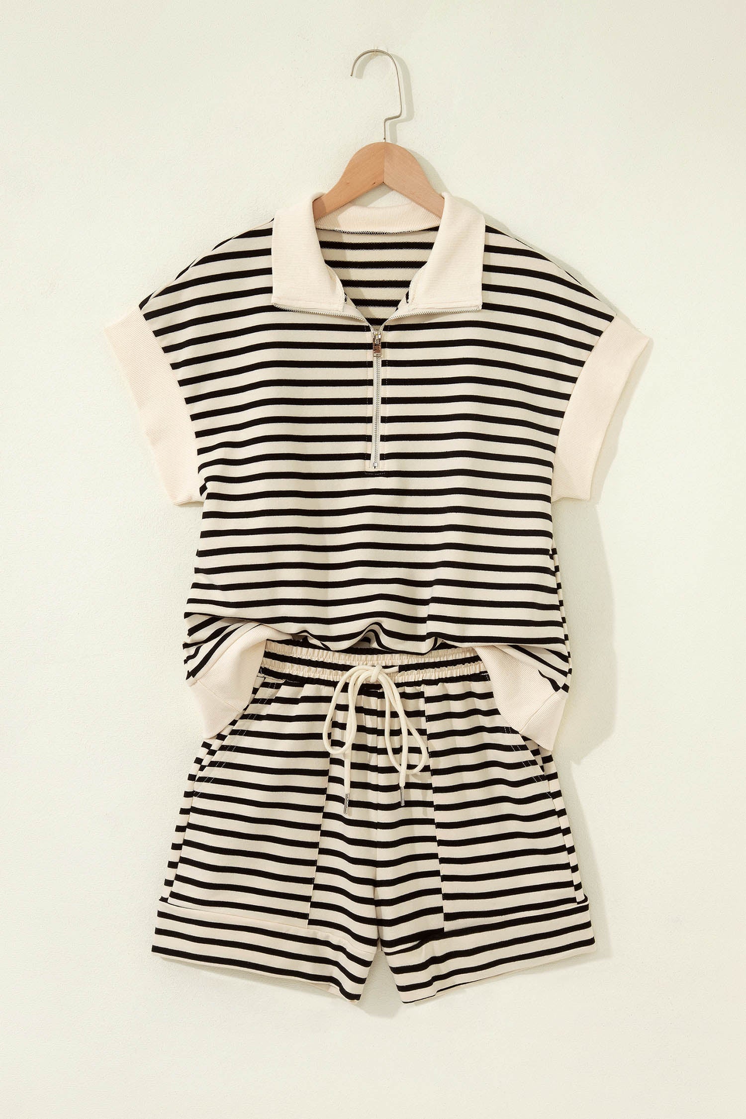 Black Stripe Ribbed Color Block Trim Zip Polo Tee Drawstring Shorts 2pcs Outfit-Two Piece Sets/Short Sets-[Adult]-[Female]-2022 Online Blue Zone Planet