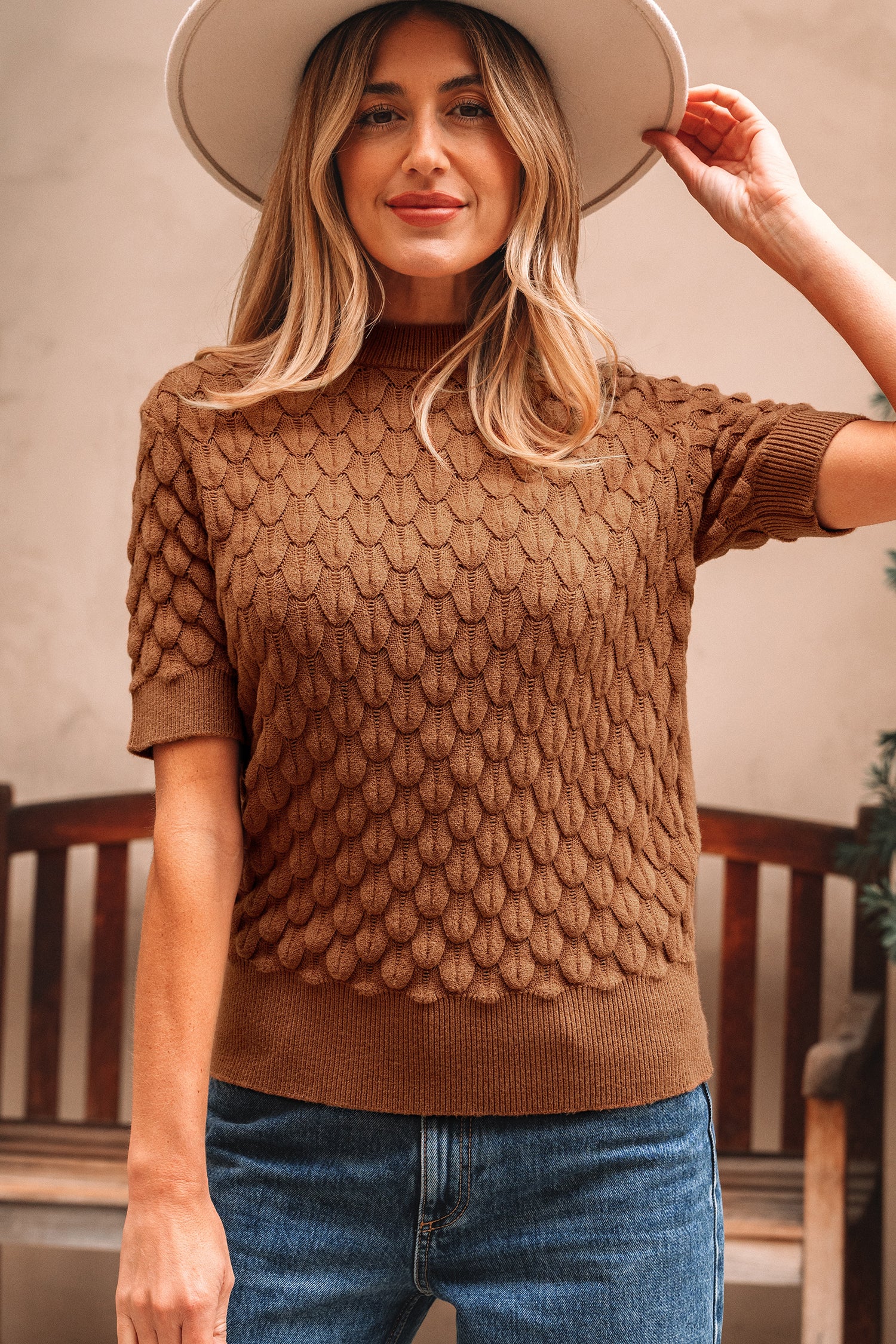 Straw Yellow Fish Scale Textured Knit Ribbed High Neck Short Sleeve Sweater-Sweaters & Cardigans/Short Sleeve Sweaters-[Adult]-[Female]-2022 Online Blue Zone Planet