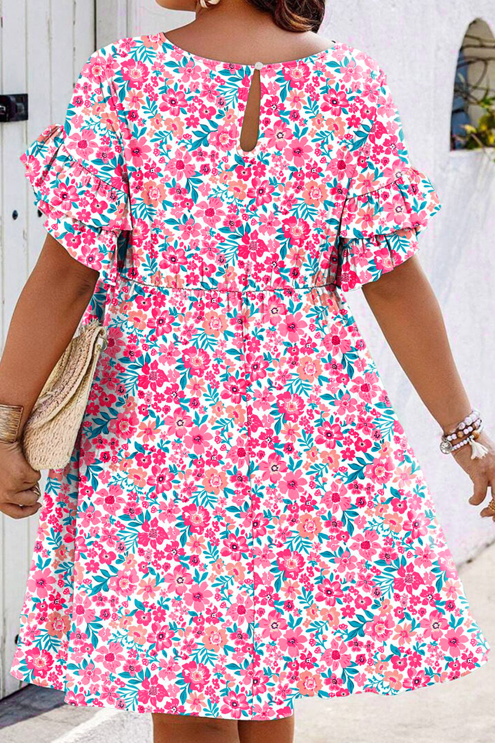 White Plus Size Floral Print Frilled Short Sleeve Flare Dress-TOPS / DRESSES-[Adult]-[Female]-2022 Online Blue Zone Planet