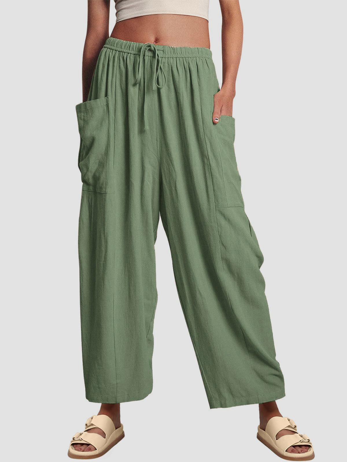 Full Size Wide Leg Pants with Pockets-BOTTOMS SIZES SMALL MEDIUM LARGE-[Adult]-[Female]-Green-S-2022 Online Blue Zone Planet