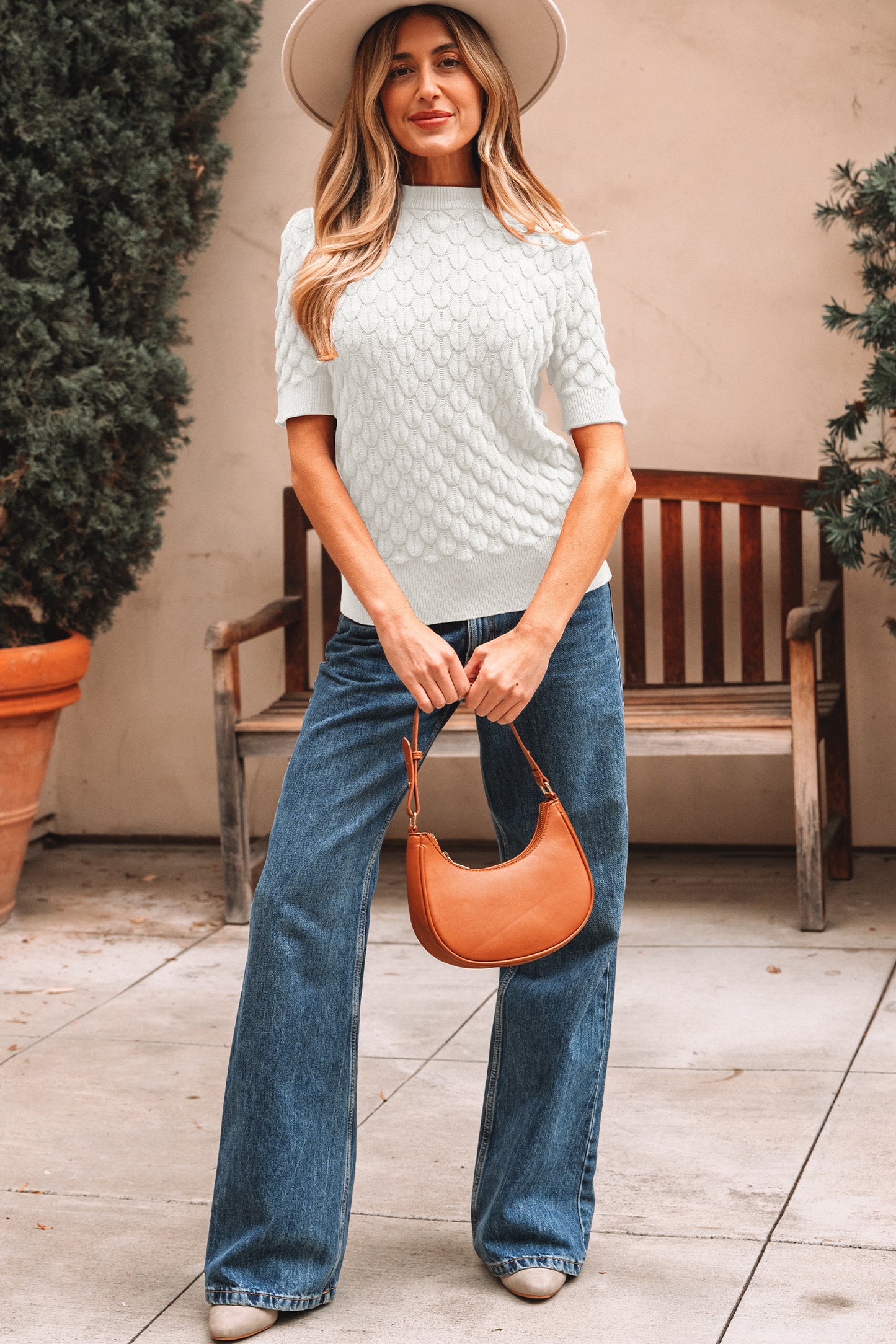 White Fish Scale Textured Knit Ribbed High Neck Short Sleeve Sweater-TOPS / DRESSES-[Adult]-[Female]-2022 Online Blue Zone Planet