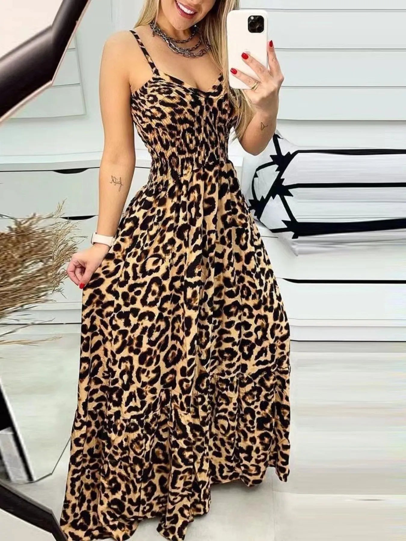 Full Size Leopard Print Spaghetti Strap Maxi Dress Plus Size Tan / M
