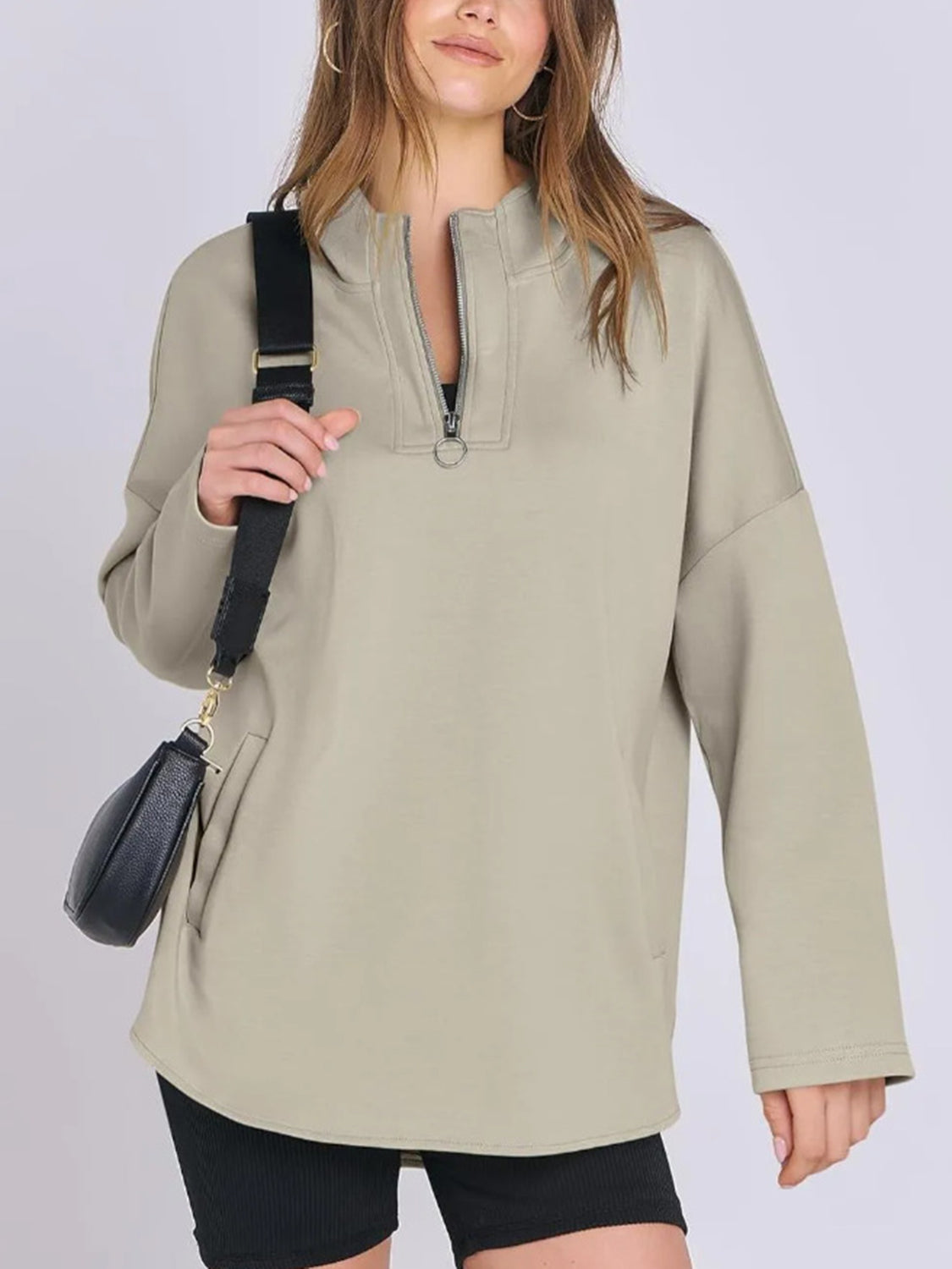 Quarter Zip Long Sleeve Hoodie-TOPS / DRESSES-[Adult]-[Female]-Khaki-S-2022 Online Blue Zone Planet