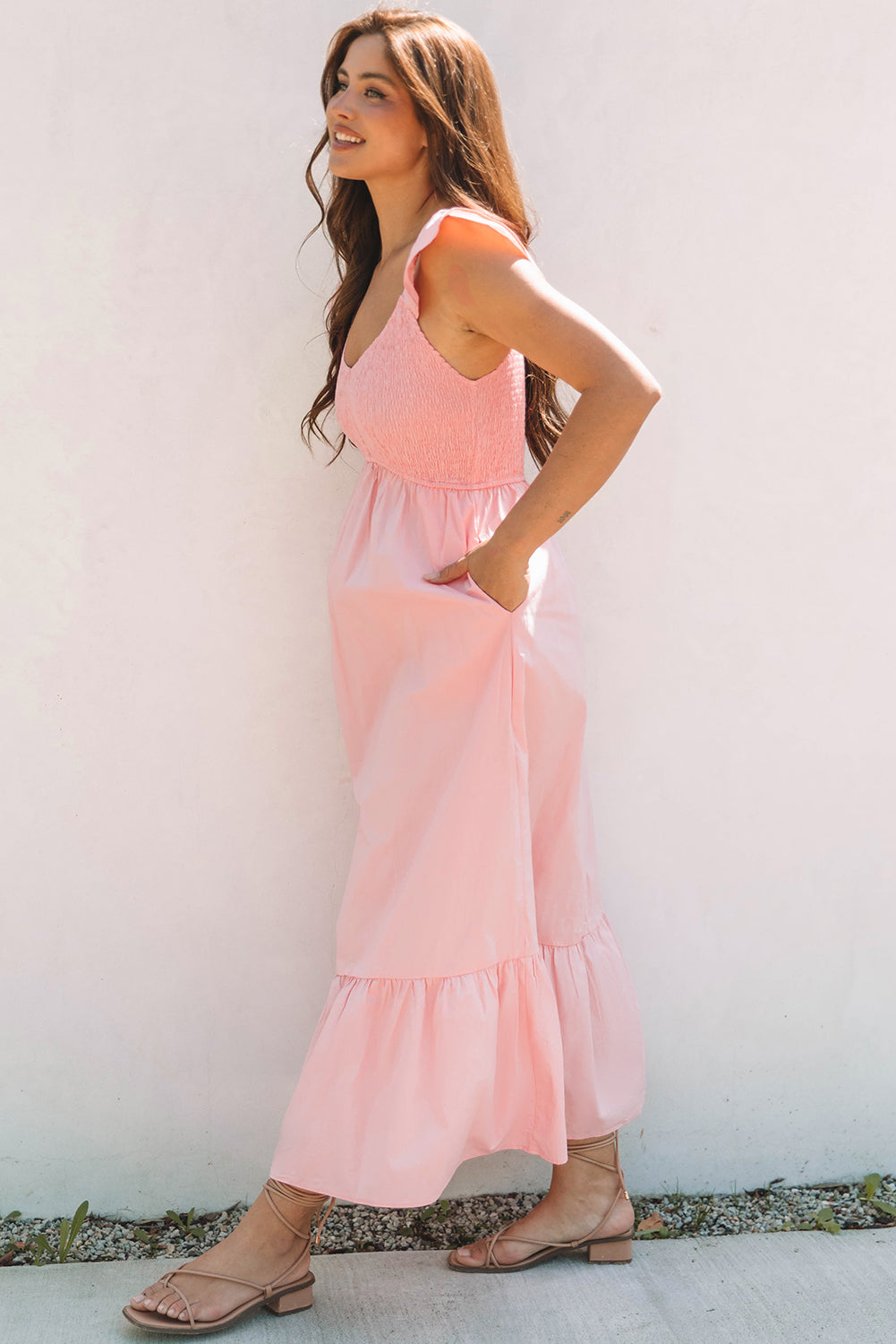 Pink V Neck Flutter Sleeve Smocked Bodice High Waist Ruffle Maxi Dress-Dresses/Maxi Dresses-[Adult]-[Female]-2022 Online Blue Zone Planet