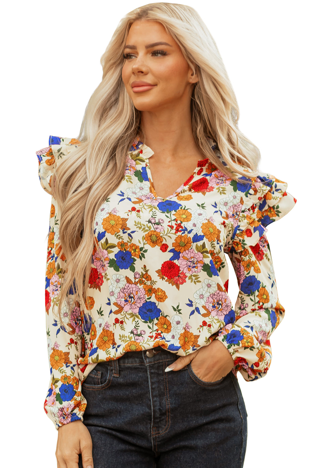 Apricot Ruffled Shoulder Long Sleeve Floral Blouse-Tops/Blouses & Shirts-[Adult]-[Female]-2022 Online Blue Zone Planet