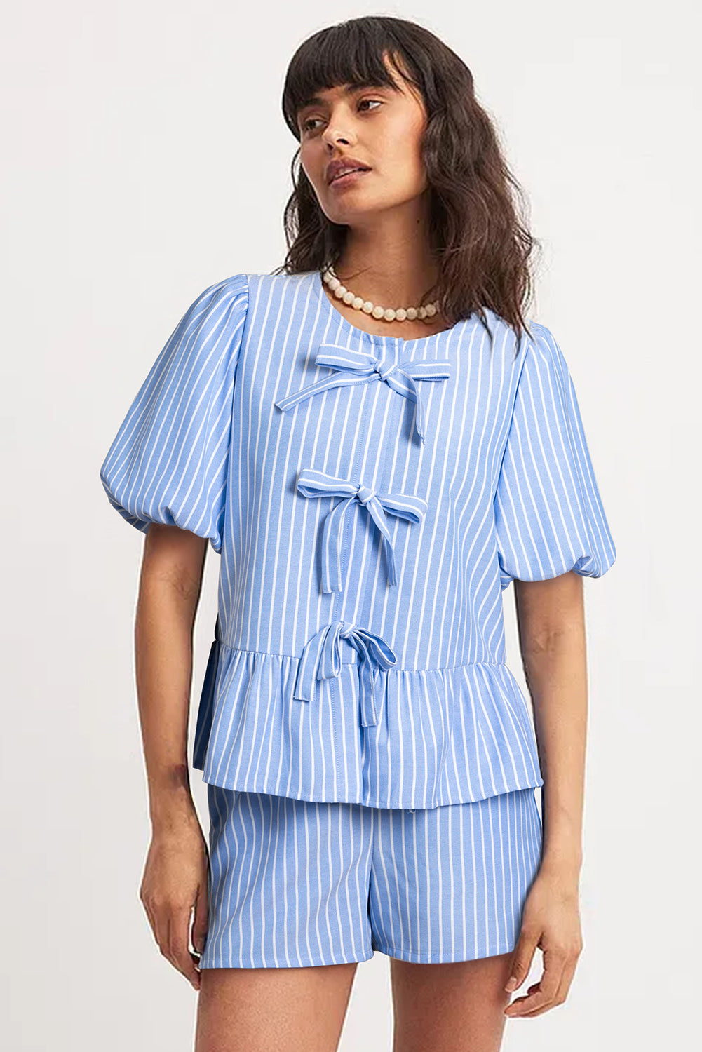 Sky Blue Striped Bowknot Detail Puffy Sleeve Top and Shorts 2Pcs Set-Two Piece Sets/Short Sets-[Adult]-[Female]-2022 Online Blue Zone Planet