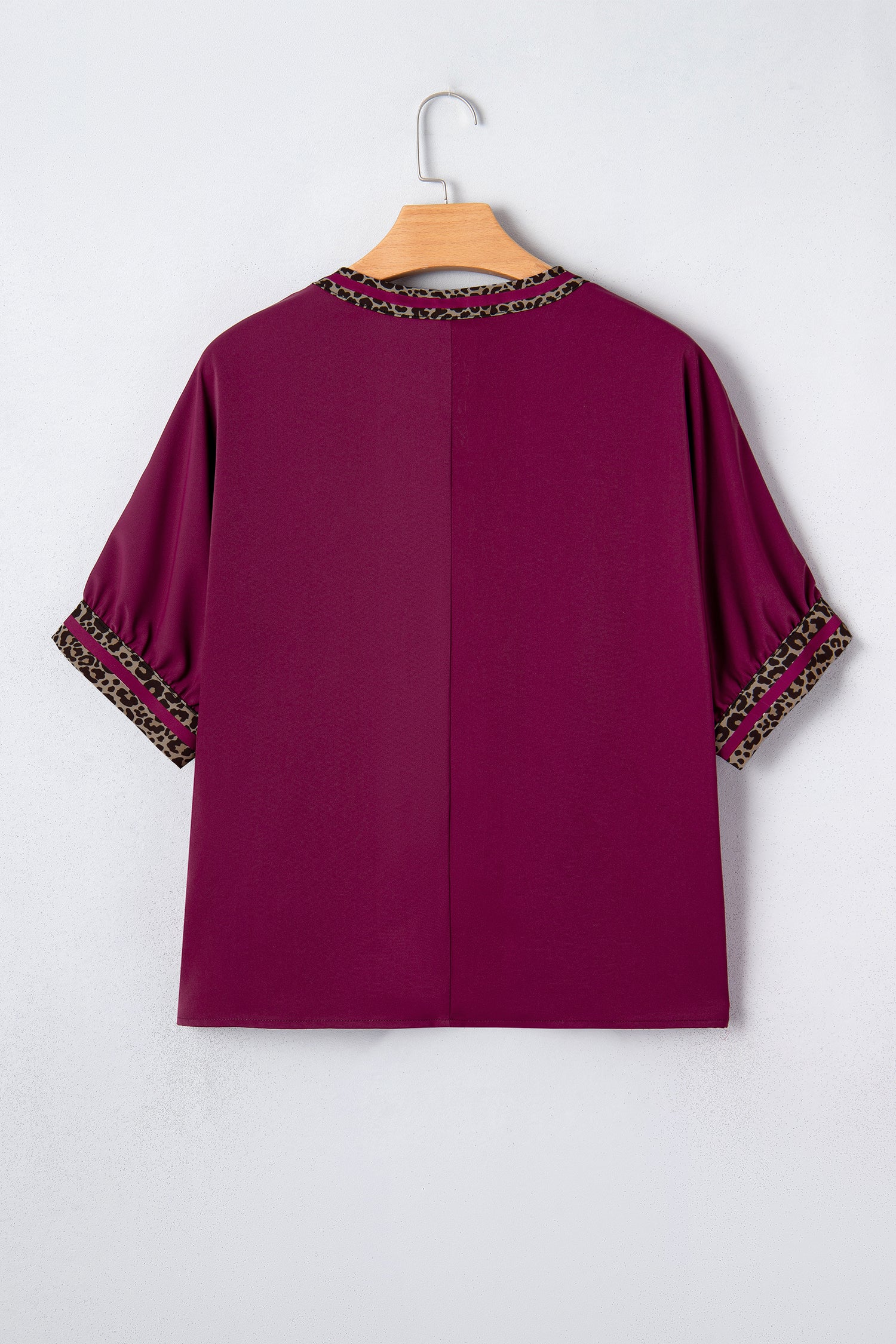 Red Dahlia Contrast Leopard Trim V Neck Short Sleeve Blouse-Tops/Blouses & Shirts-[Adult]-[Female]-2022 Online Blue Zone Planet