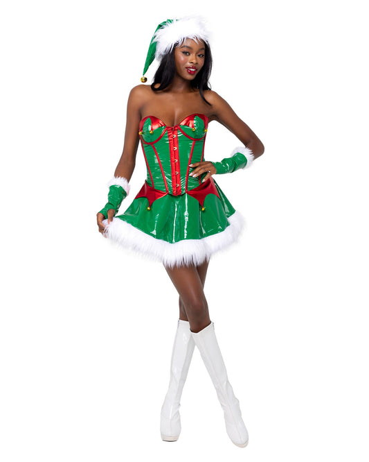 2 Piece Santa's Elf Halloween Costume-[Adult]-[Female]-Green/Red/White-S-2022 Online Blue Zone Planet