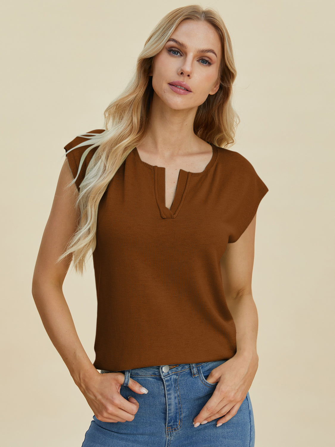 Double Take Full Size Notched Cap Sleeve Knit Top-TOPS / DRESSES-[Adult]-[Female]-2022 Online Blue Zone Planet