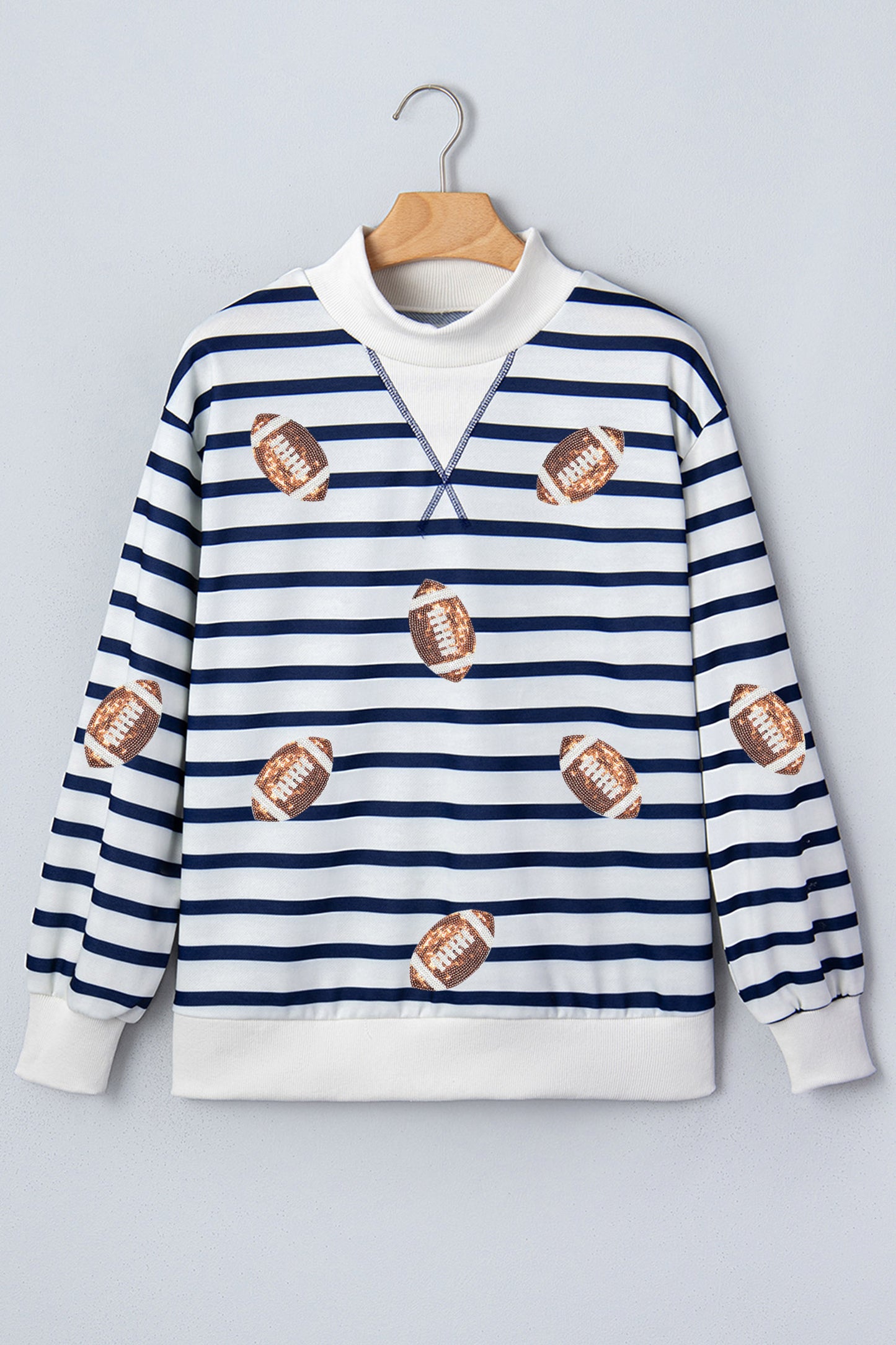 Blue Stripe Sequin Rugby Print Mock Neck Casual Sweatshirt-Graphic/Graphic Sweatshirts-[Adult]-[Female]-2022 Online Blue Zone Planet