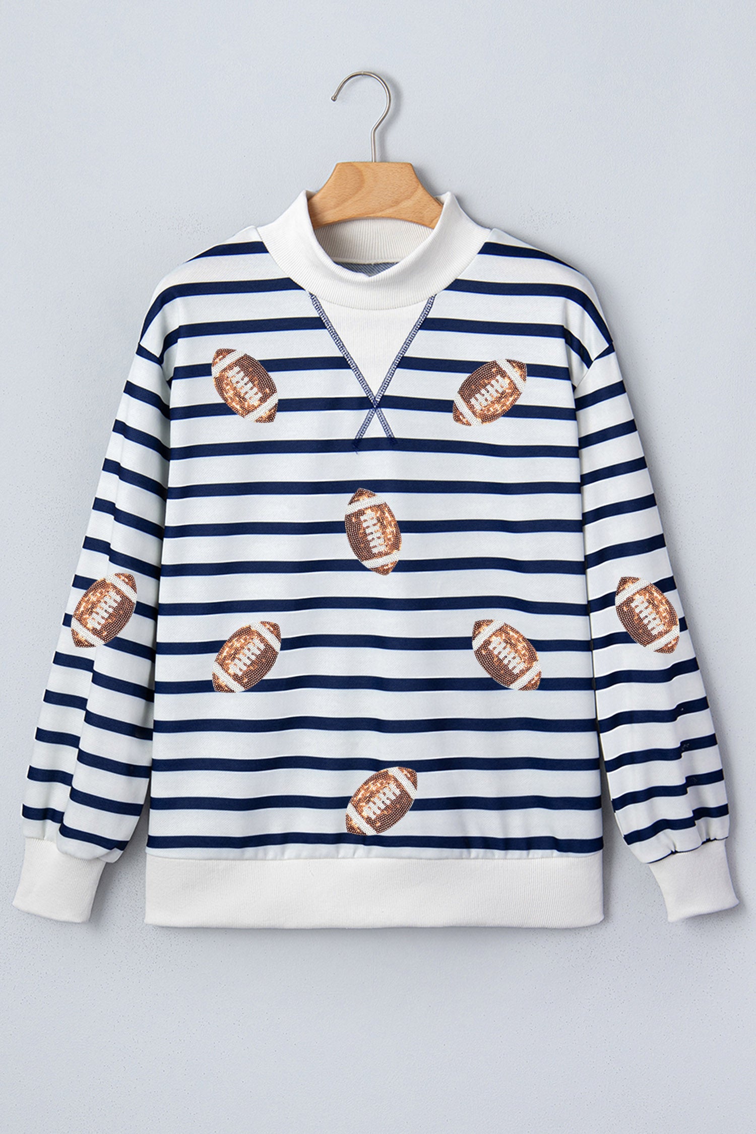 Blue Stripe Sequin Rugby Print Mock Neck Casual Sweatshirt-Graphic/Graphic Sweatshirts-[Adult]-[Female]-2022 Online Blue Zone Planet